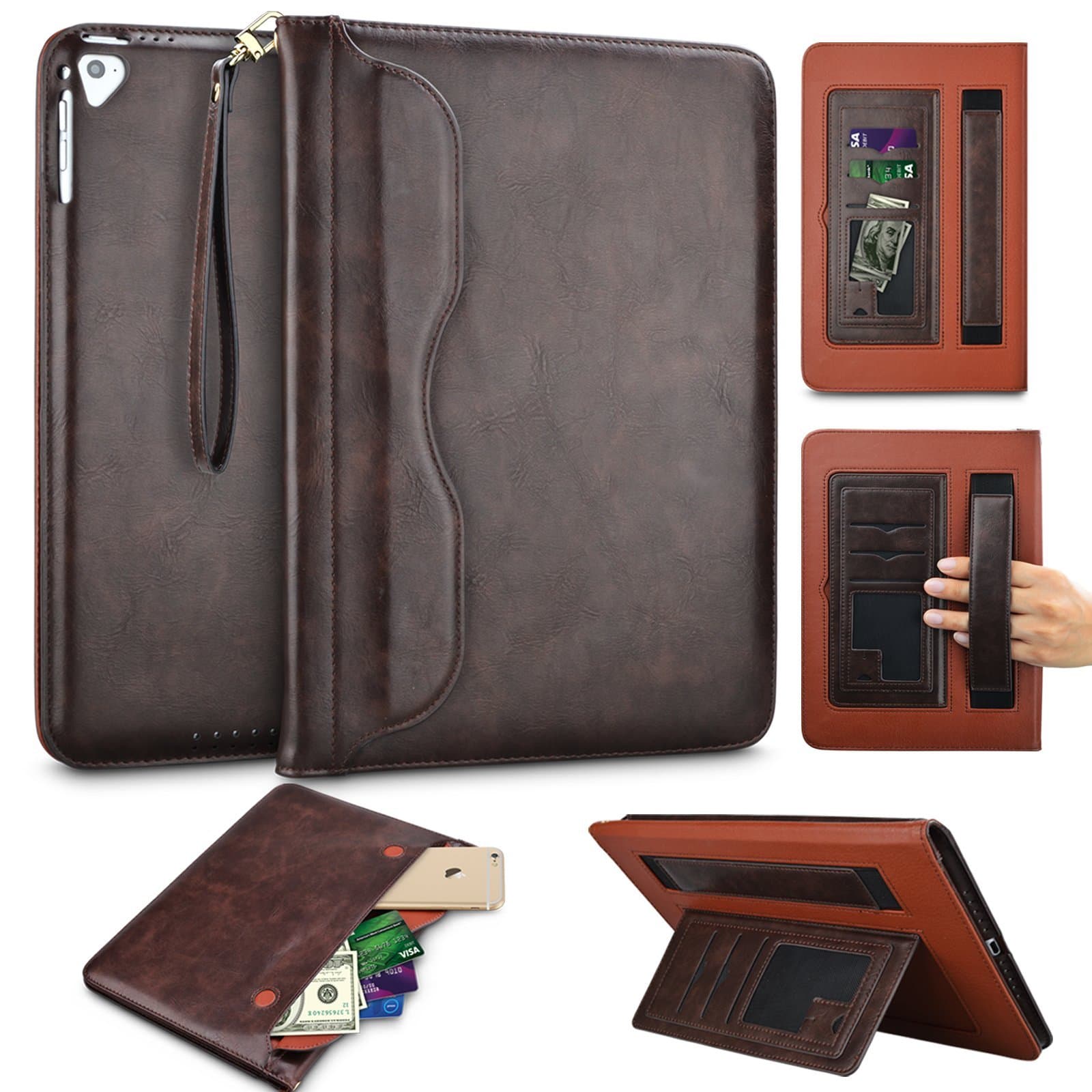 Tinysaturn iPad Mini 4/3 / 2/1 Case, Premium PU Leather Business Slim Folding Stand Wallet Folio Cover Auto Wake/Sleep Multiple Viewing Angles Front Document Pocket - Brown