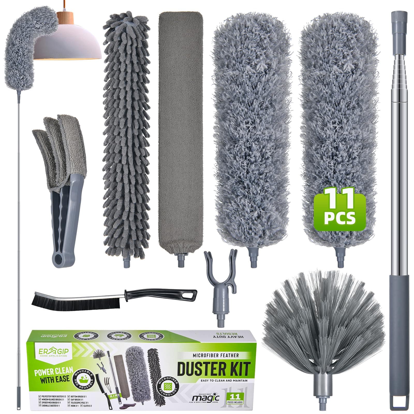 Extendable Feather Duster with Extension Pole 30 to 100 Inches, 11 Pcs Cleaning Kit with Microfiber Feather Dusters, Crevice Cleaning Brush, for Cobwebs, Blinds, Furniture, High Ceilings & Cars