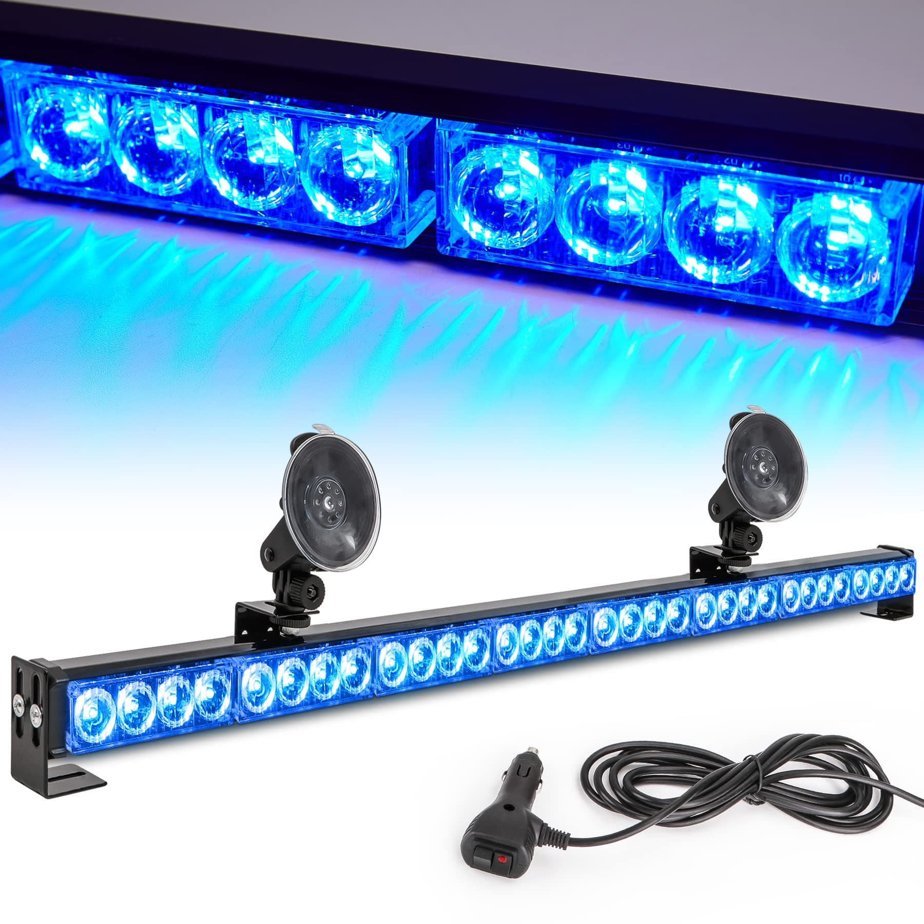 Blue Emergency Strobe Light Bar 36in 13 Flash Patterns Traffic Advisor Warning Hazard Windshield Light Bar Safety Lights with Cigar Lighter for Police Vehicles, Cops Truck (35.5in, Blue 32 Led)