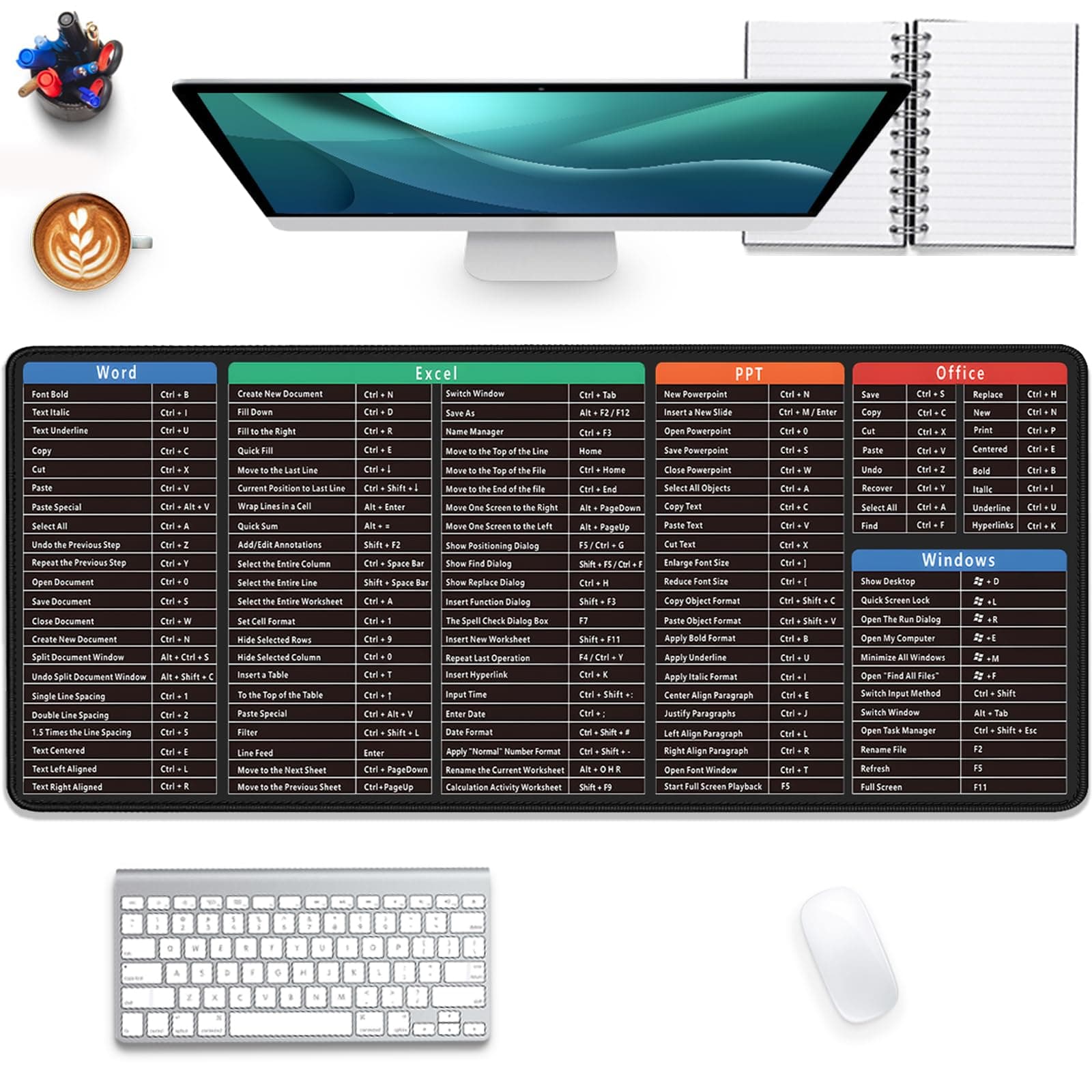 Large Extended Gaming Mouse Pad - Rubber, L, Word+excel+ppt - Waterproof, Non-Slip, Washable Stitched Edges, 27.5X11.8 in