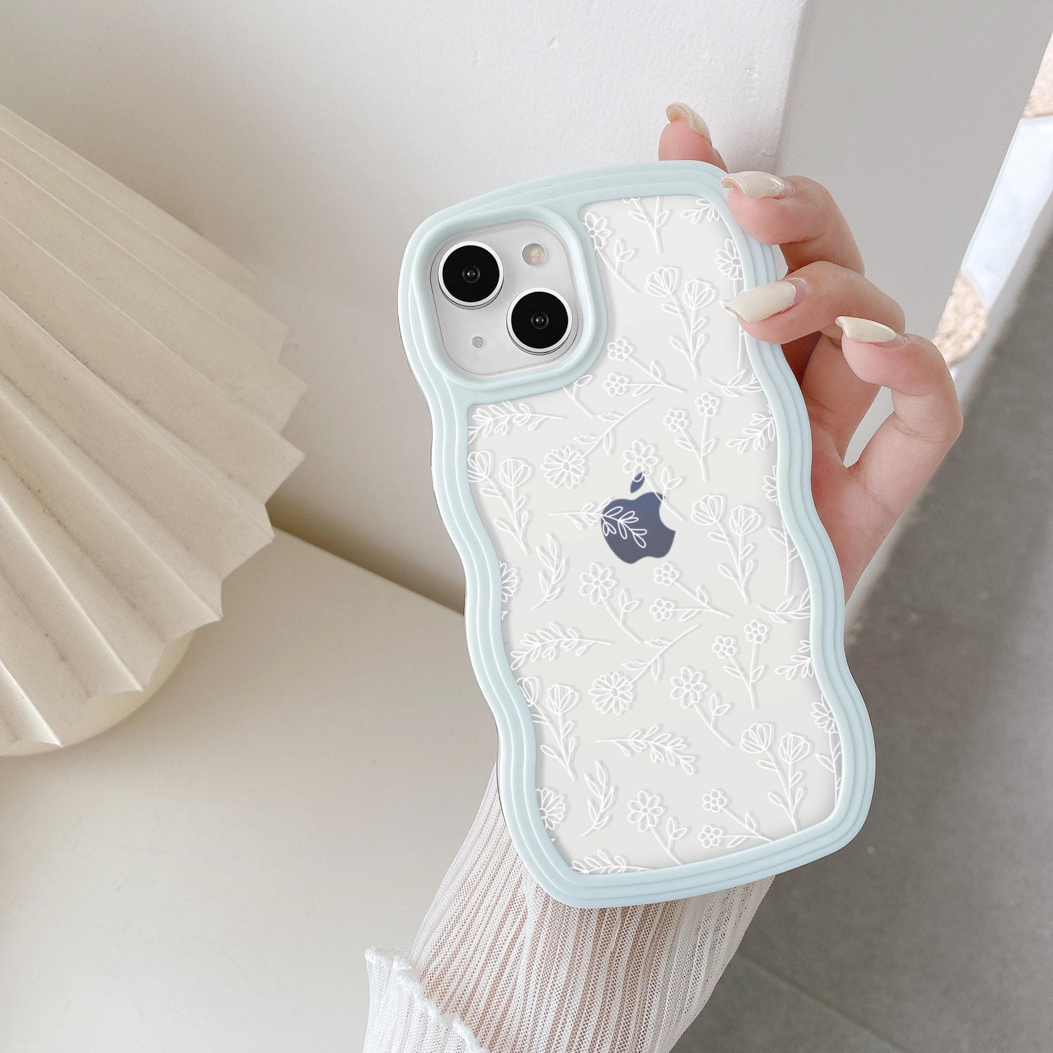 QLTYPRI for iPhone 15 Case, Cute Curly Wave Frame Clear Case for Girls Women, Flower Clear TPU Bumper Slim Soft Silicone Shockproof Protective Phone Cover for iPhone 15 - White Floral/Light Blue