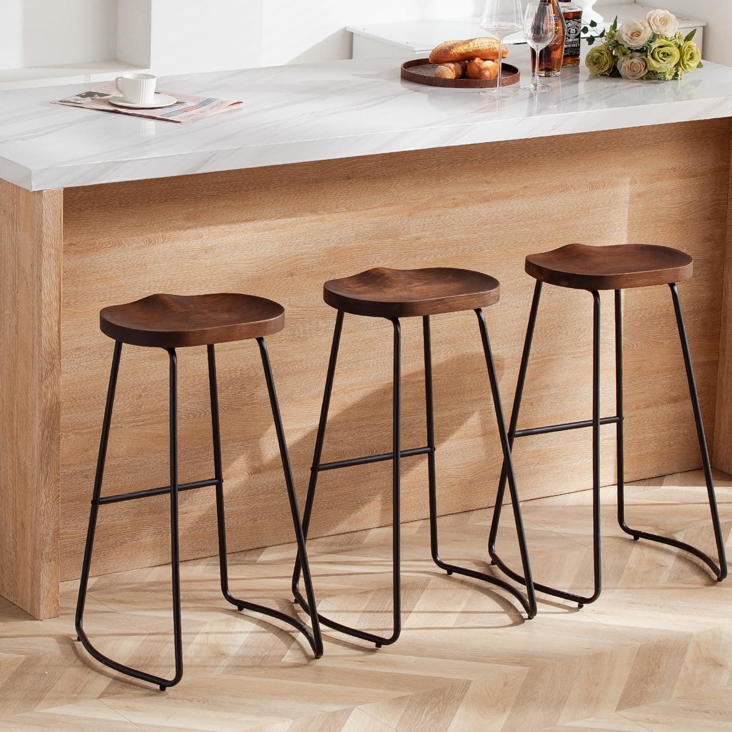 HeuGah Bar Stools Set of 3, Solid Wood Counter Height Bar Stools 30 Inch Saddle Seat Barstool Rustic Tall Bar Height Stool for Kitchen Island with Metal Leg (Walnut, 3 PCS 30Inch Bar Stools)