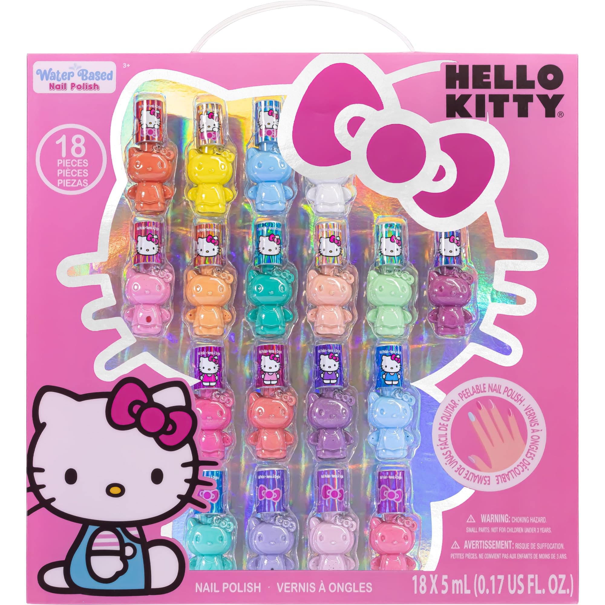 Hello Kitty Non-Toxic Peel-Off Water-Based Safe Quick Dry Nail Polish Set for Girl Kids Ages 3+, Perfect for Birthday Gift Parties, Sleepovers & Makeovers, 18 Pcs