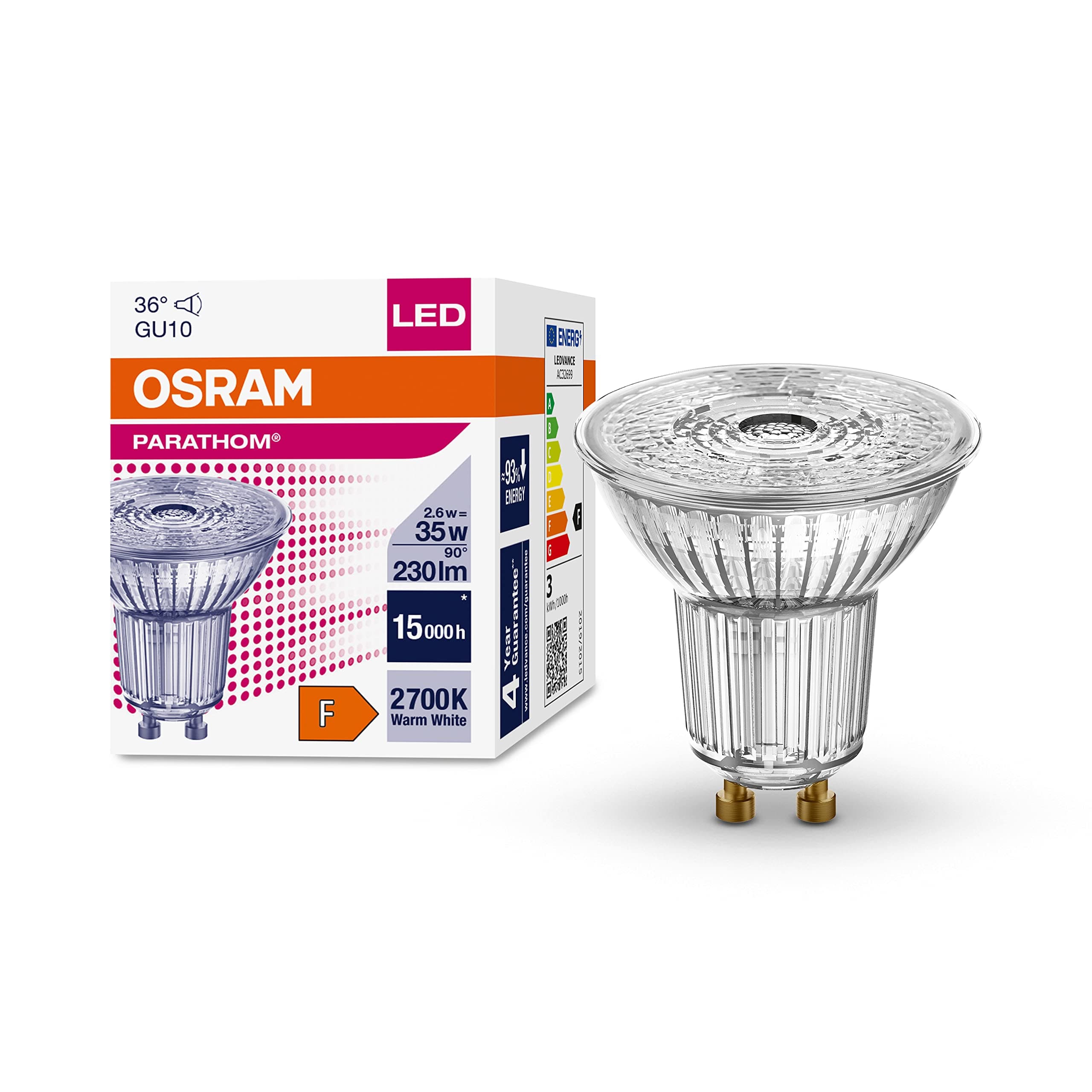 OSRAM LED Light Bulbs, Reflector Bulbs with GU10 Socket, Energy Saving, Long Life 15,000 H, Beam Angle 36°, Warm White, PAR16 35 36° 2.6 W/2700