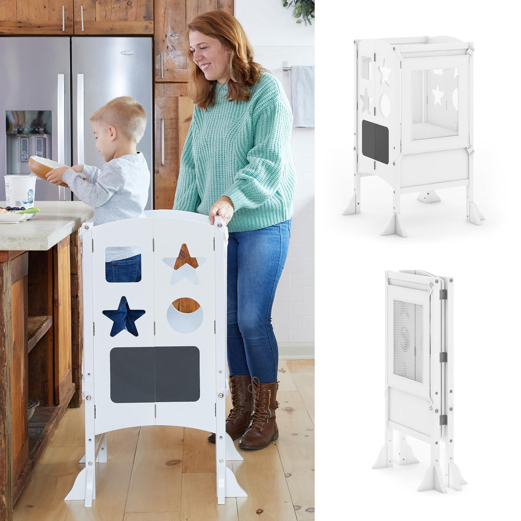 Guidecraft Classic Kitchen Helper Stool - White with 2 Keepers and Non-Slip Mat: Foldable, Adjustable Height Safety Cooking Tower for Toddlers with Chalkboard and Whiteboard Message Boards