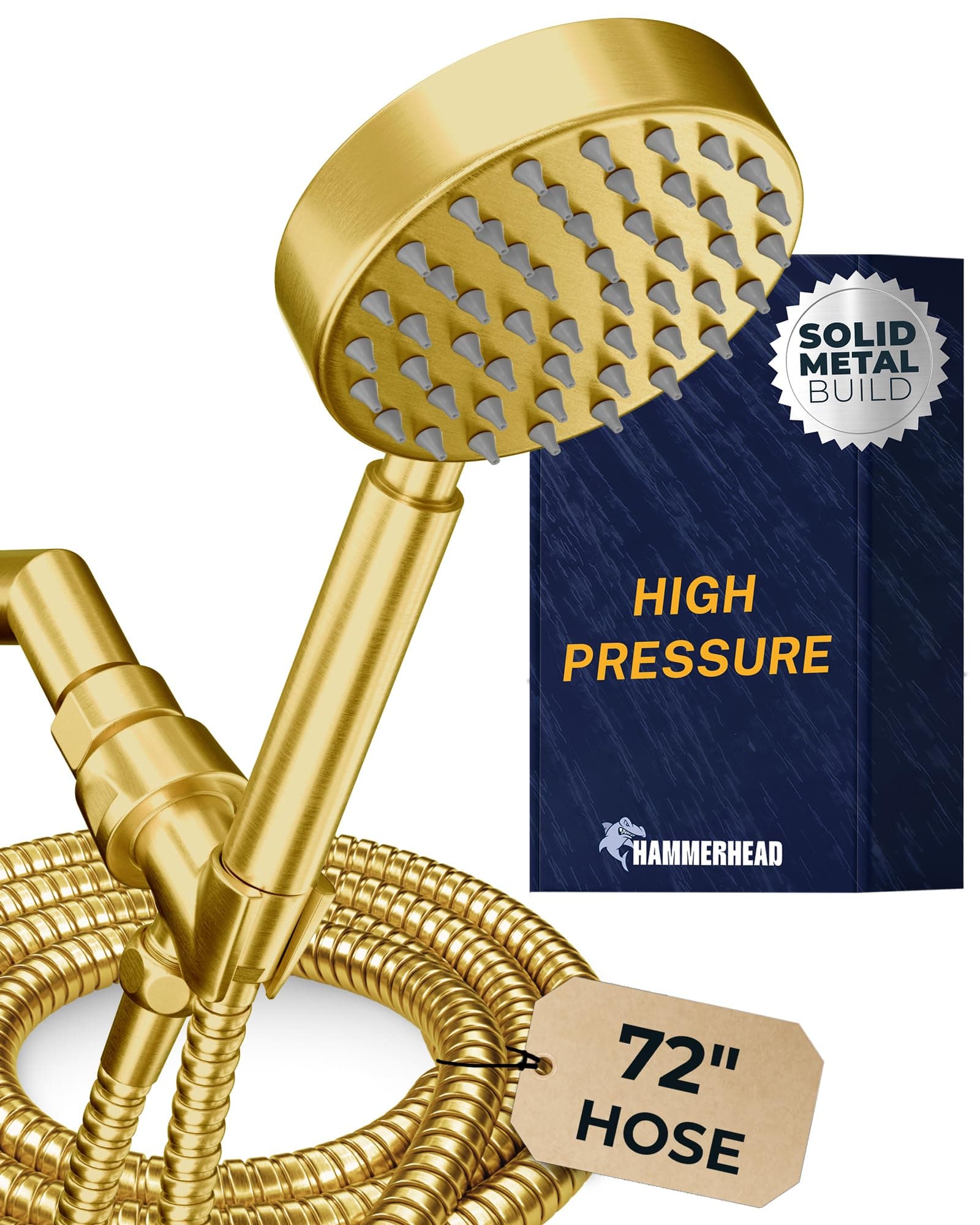 HammerHead Showers® Solid Metal Handheld Shower Head with Hose and Brass Holder - BRUSHED GOLD - 2.5 GPM High Pressure Shower Heads with Adjustable Shower Wand Bracket - 6ft Flexible Extension