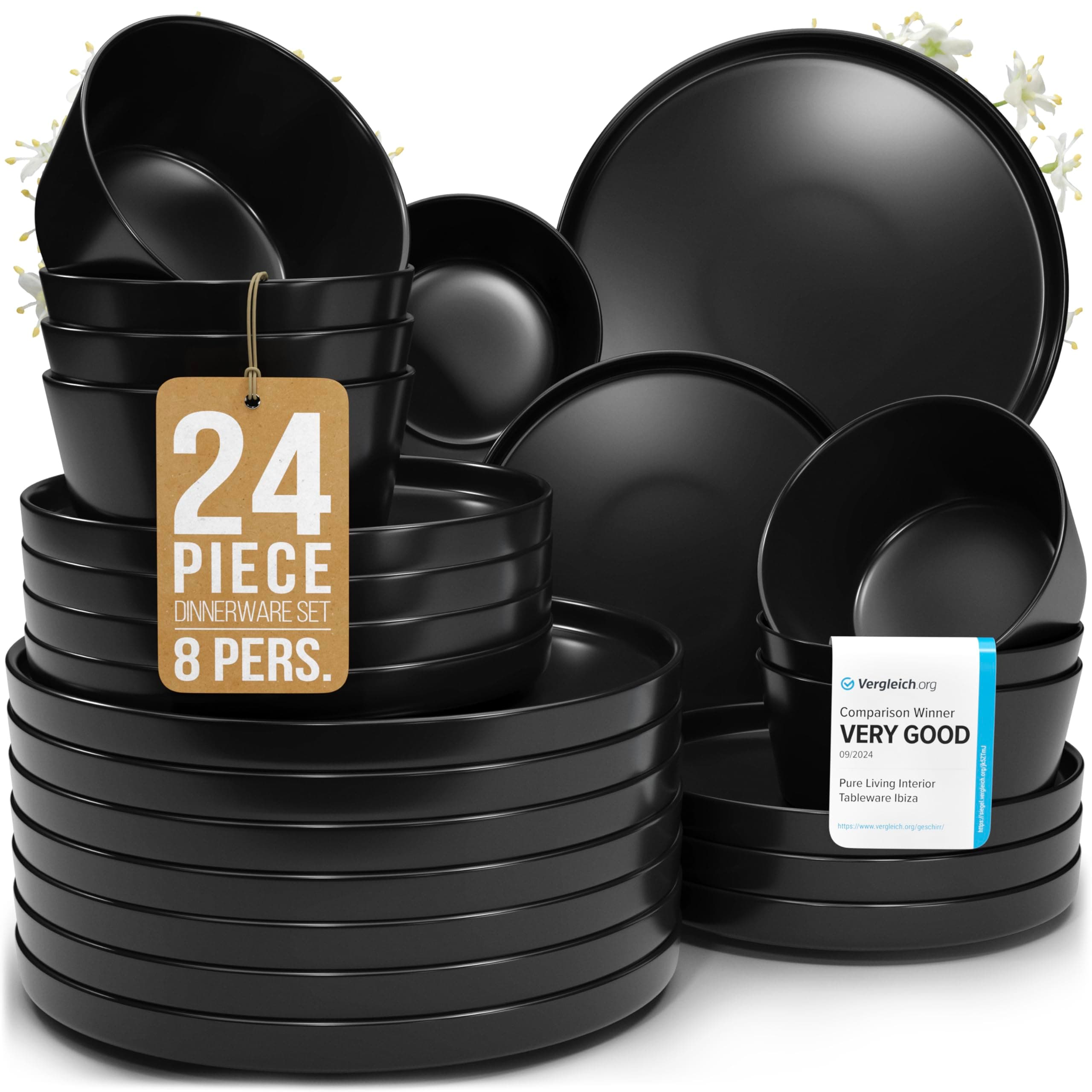 24 Piece Black Dinnerware Set for 8 | Matte Black Plates and Bowls Sets, Modern Stoneware Black Dishes Set | Scratch Resistant, Dishwasher & Microwave Safe | Matte Black Finish Ultra-Chic & Modern