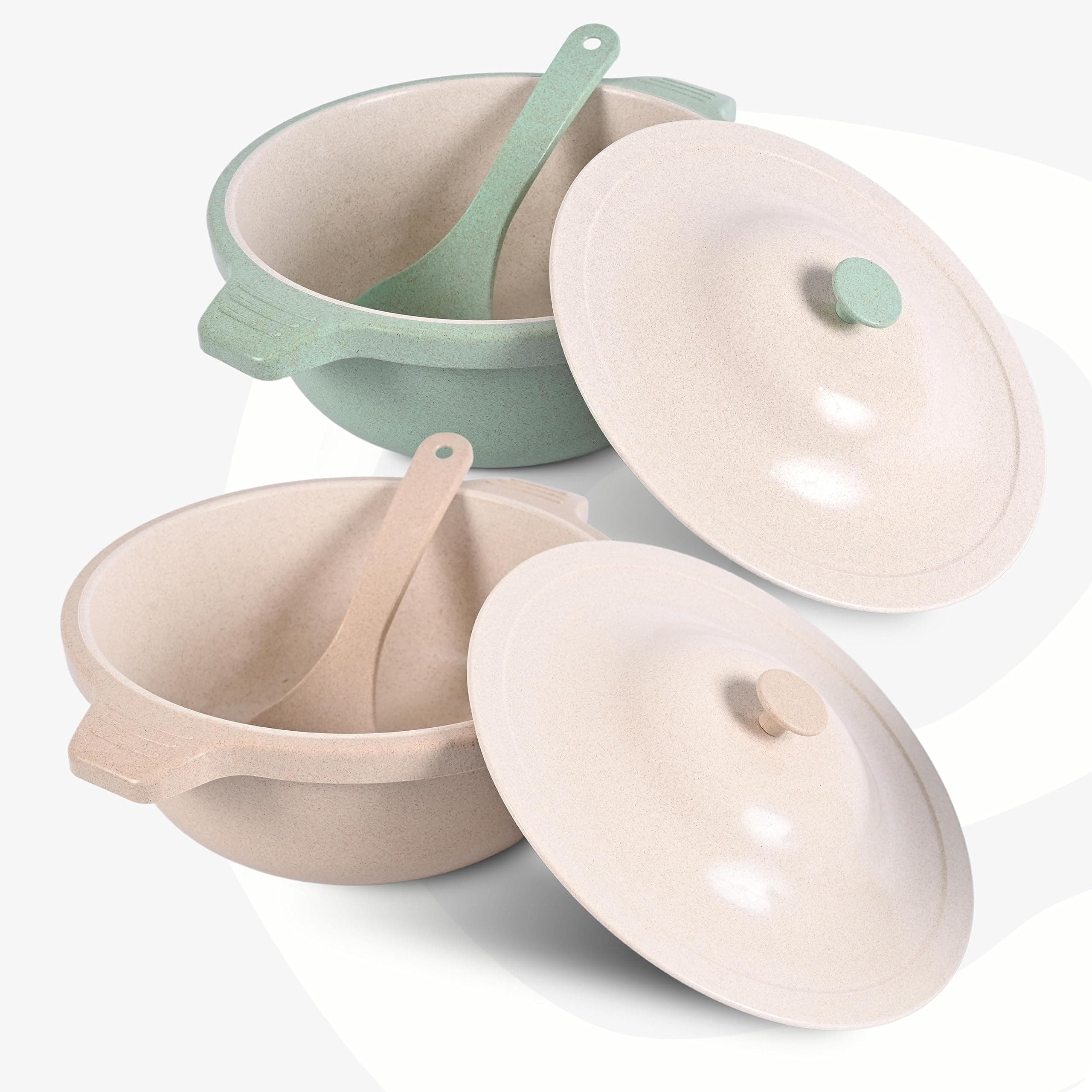 Eha Earth Friendly Serving Bowls with Lid | Microwave Safe | Made with Rice Husk and Bamboo Fibers | 2500 ml Each | Set of 2 | Sand-Celeste Green Beige