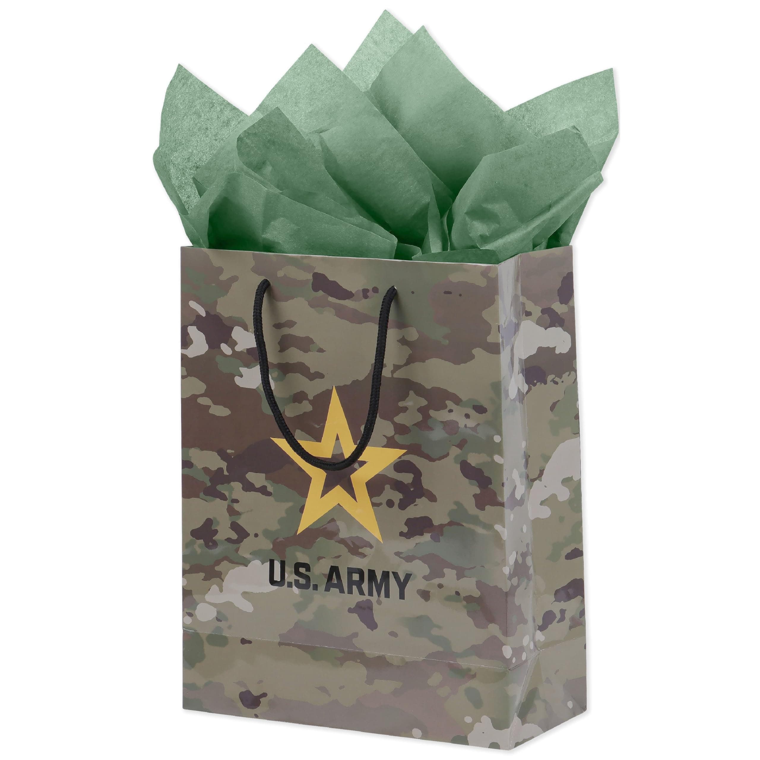 Havercamp U.S. Army Gift Bag (1) Stunning, Durable Medium Bag - Includes 2 Hunter Green Tissue Papers, Black Rope Handles & Tag, Army Themed Gift Bag, Veteran Gifts (Brown & Green)