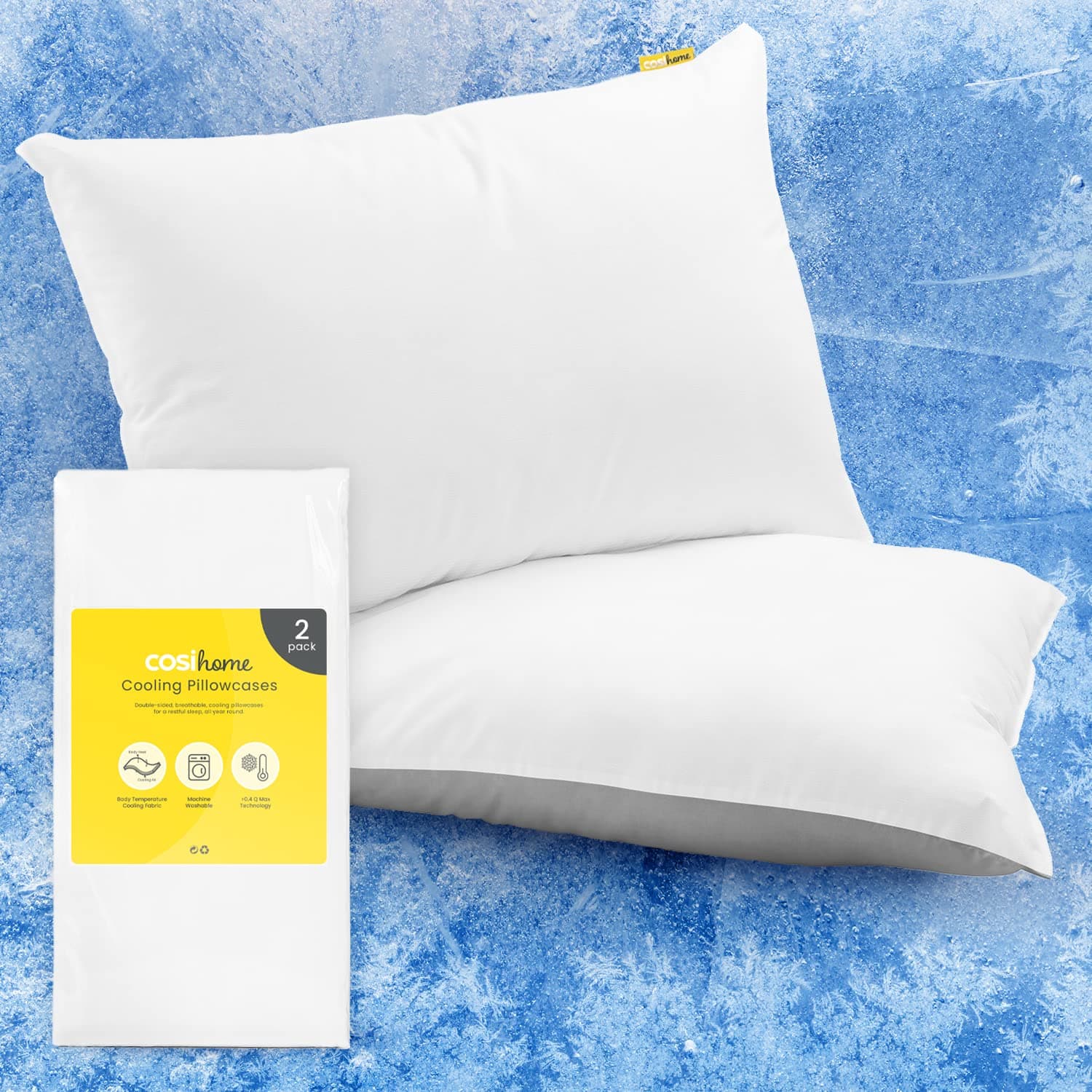 Cosi Home Cooling Pillow Cases (2 Pack) Q-Max 0.45, Double-Sided for Summer & Year-Round Use, Breathable Cool Silky Pillow Covers, Machine Washable - White