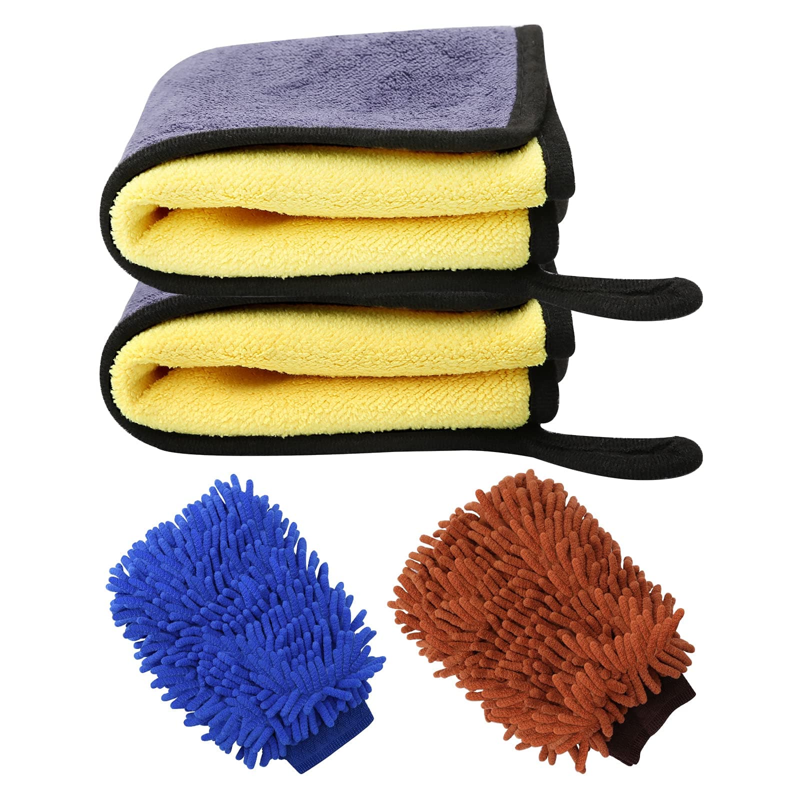 KODAA 2 Set Car Wash Mitt and Drying Towel, Microfiber Car Cleaning Cloths and Noodle Low Friction Washing Gloves Kit,Multicolor,30 x 40cm