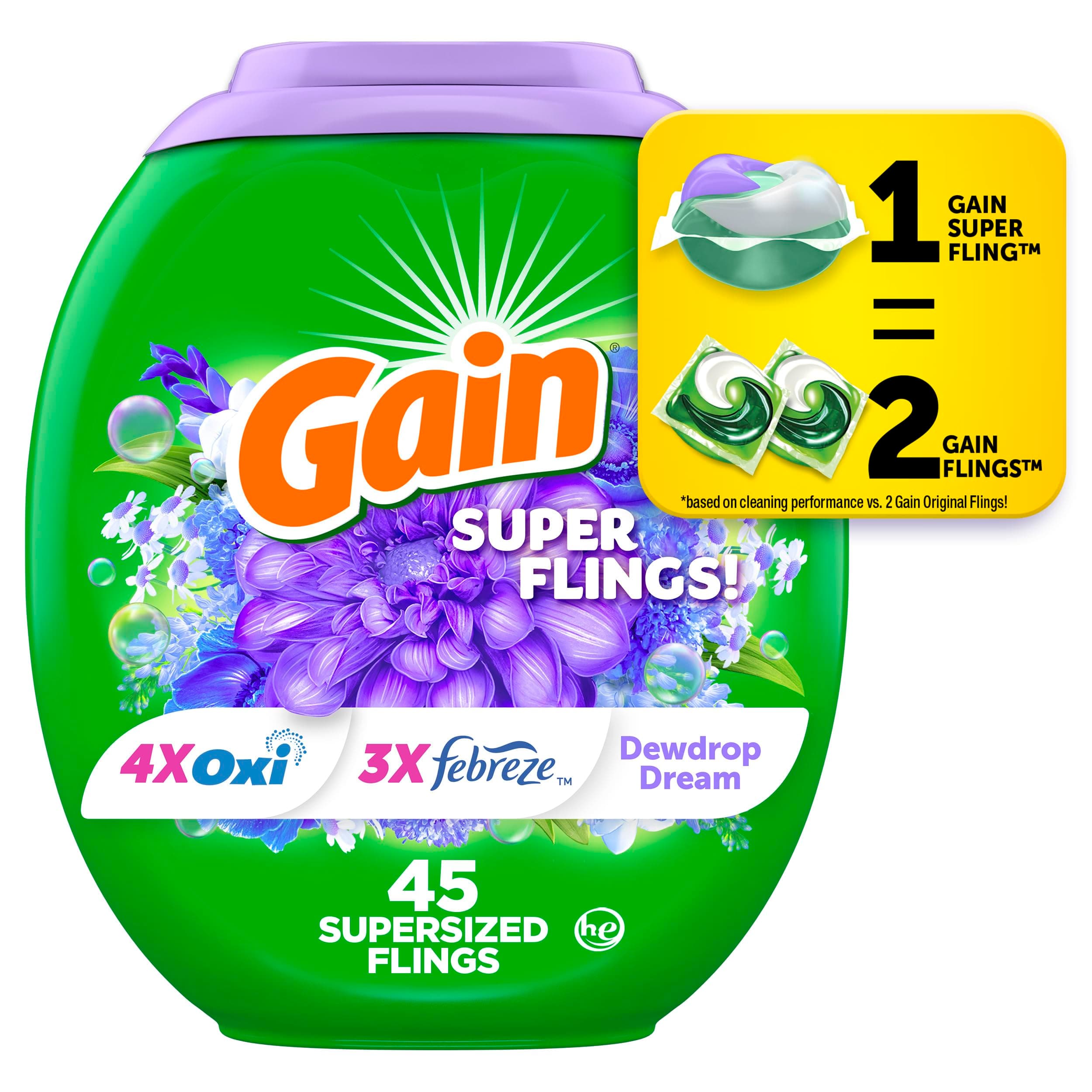 Gain Super Flings Laundry Detergent Pacs, 45 Count, Dewdrop Dream scent, clean and fresh washing detergent laundry soap pacs
