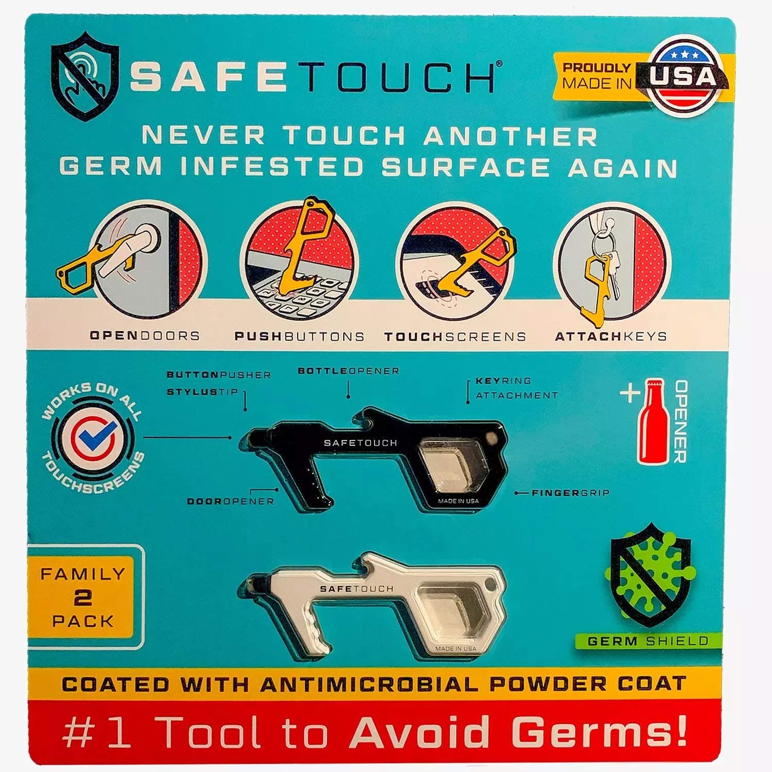 Safe TouchHygiene Multi-Tool, Works on Screen, Made in USA (2 Pack)