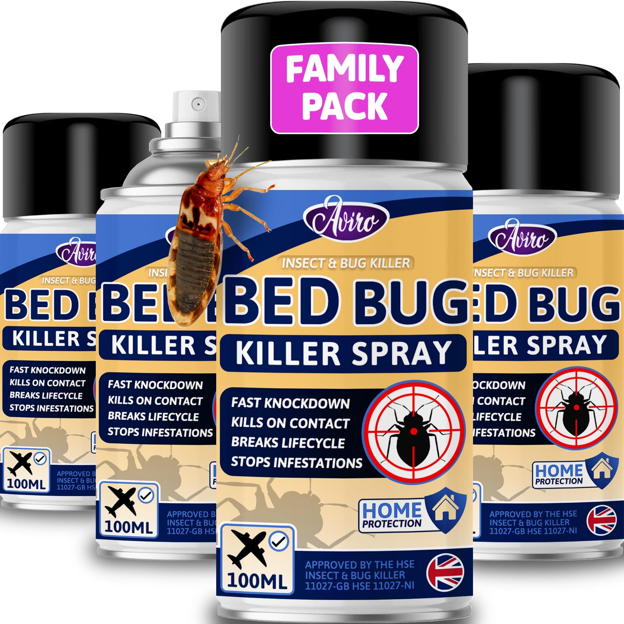 Aviro Travel Bedbug Spray - Fast Acting Professional Grade Killer for Immediate Control & Treatment of Bed Bugs & Dust Mites. Bed Bug Protection Perfect for Travel 4 x 100ml