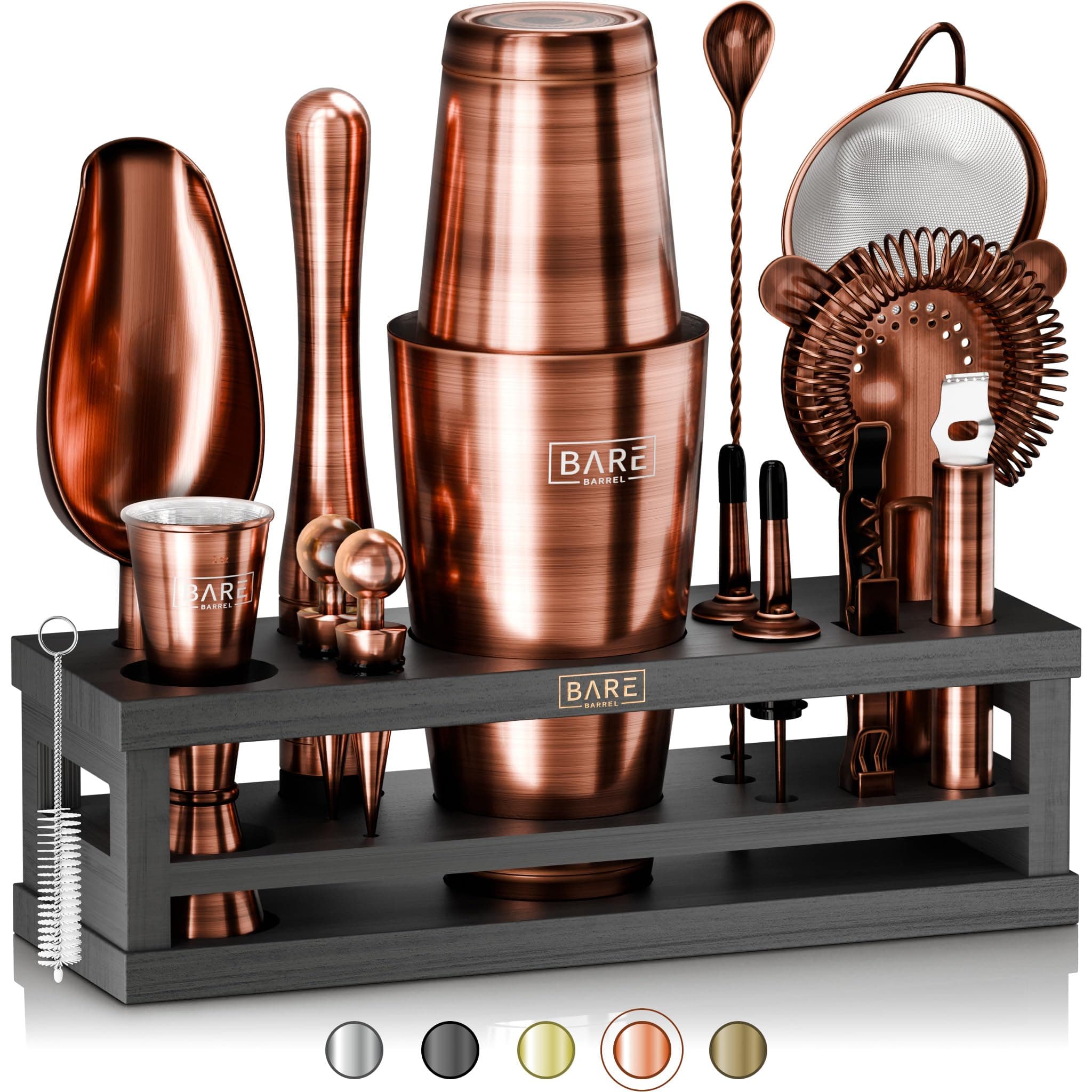 BARE BARREL® Cocktail Making Kit | 16-Piece Bartender Kit Cocktail Shaker Set Maker | Bamboo Display Stand & 35 Recipe Cards | Mixology Cocktail Gift Set (800ml/28oz Boston Shaker, Copper/Black)