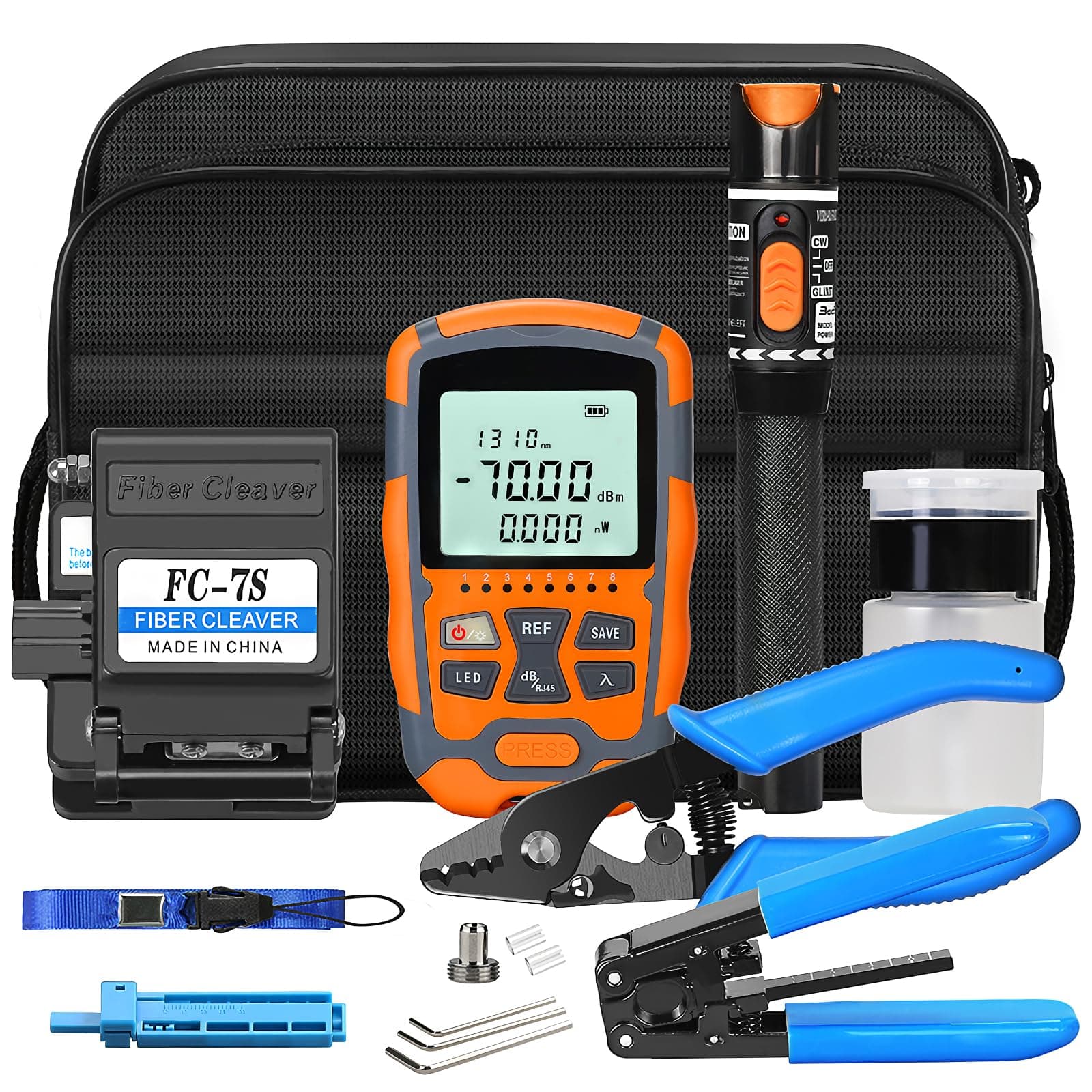 FTTH Fiber Termination Kit Cold Connect Tool Kit with Optical Power Meter with 10MW RJ45 Network Test, Visual Fault Locator, Fiber Blade