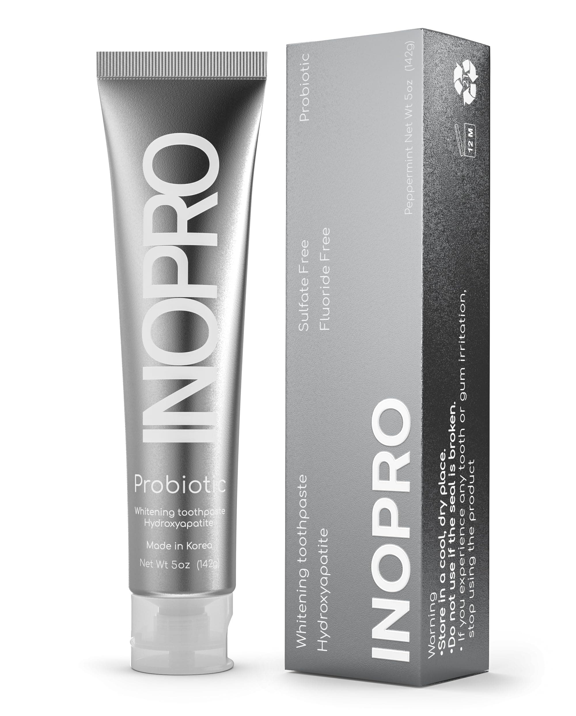 InoPro Natural Whitening Hydroxyapatite Toothpaste with Probiotic for Sensitive Teeth, Fluoride Free Enamel Repair Remineralizing Toothpaste, SLS Free, Baking Soda, Coconut Oil, 5oz