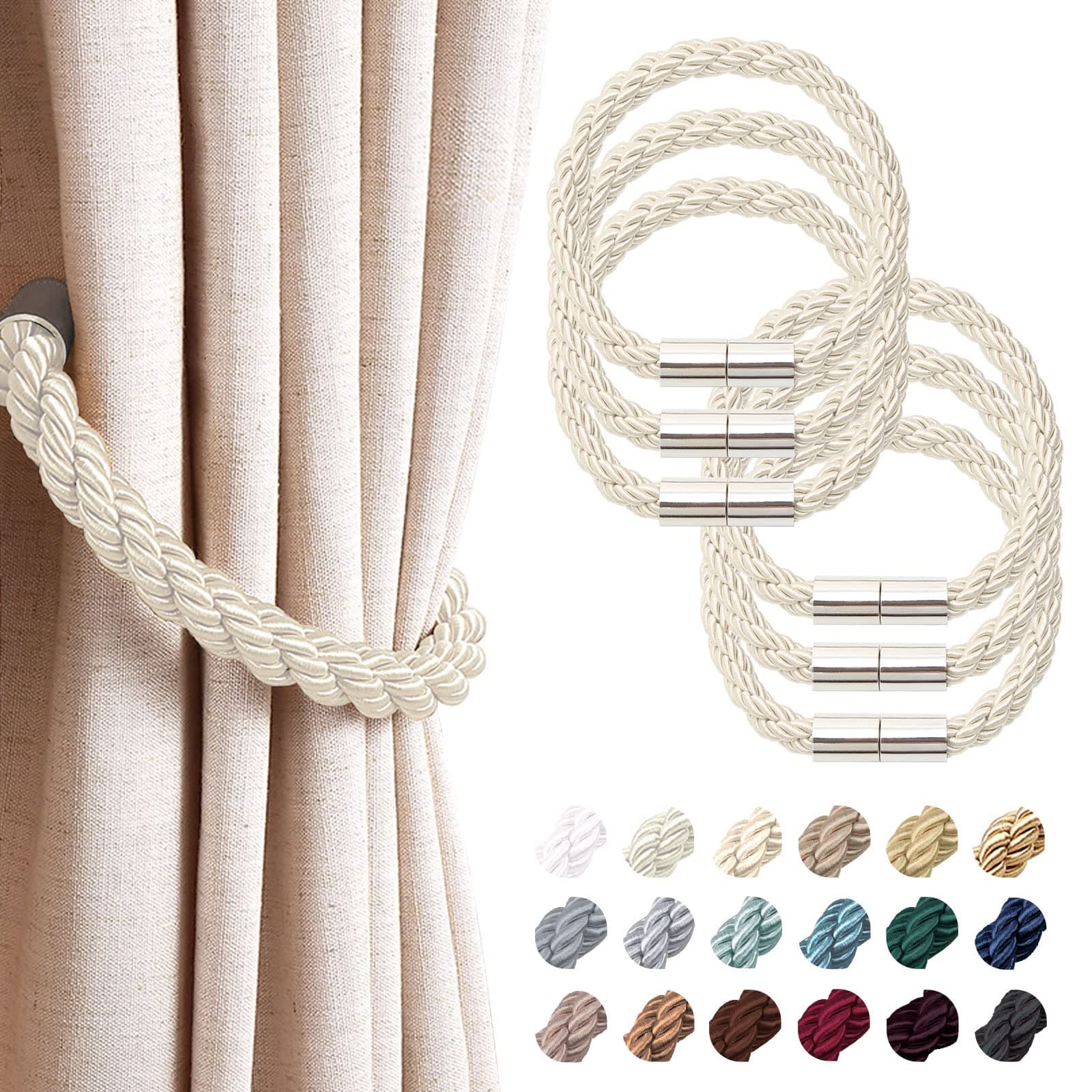 NICEEC 6 Pack Strong Magnetic Curtain Tiebacks Modern Simple Style Drape Tie Backs Convenient Decorative Weave Rope Curtain Holdbacks for Thin or Thick Home & Office Window Draperies (Beige)