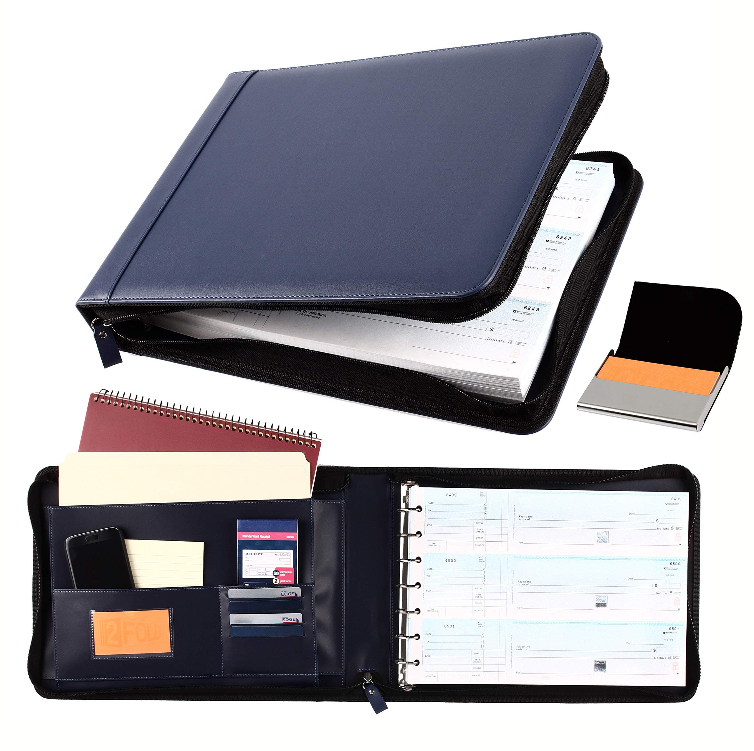 2Fold Zippered Business Checkbook Binder - 7 Ring Binder for Business Checks with Built-in Organizer and Card Case - PU Leather Portfolio for up to 600 3-Up Checks (Blue)