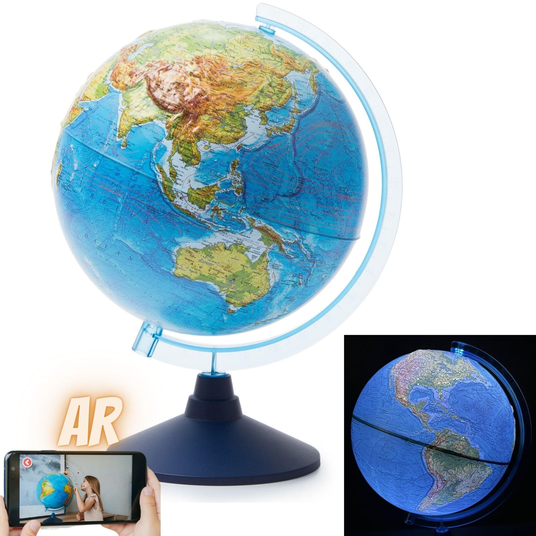 Exerz 32cm Relief Globe Illuminated with Cable Free LED Light - AR Augmented Reality App iOS - Physical Map Day - Light Up Planet at Night