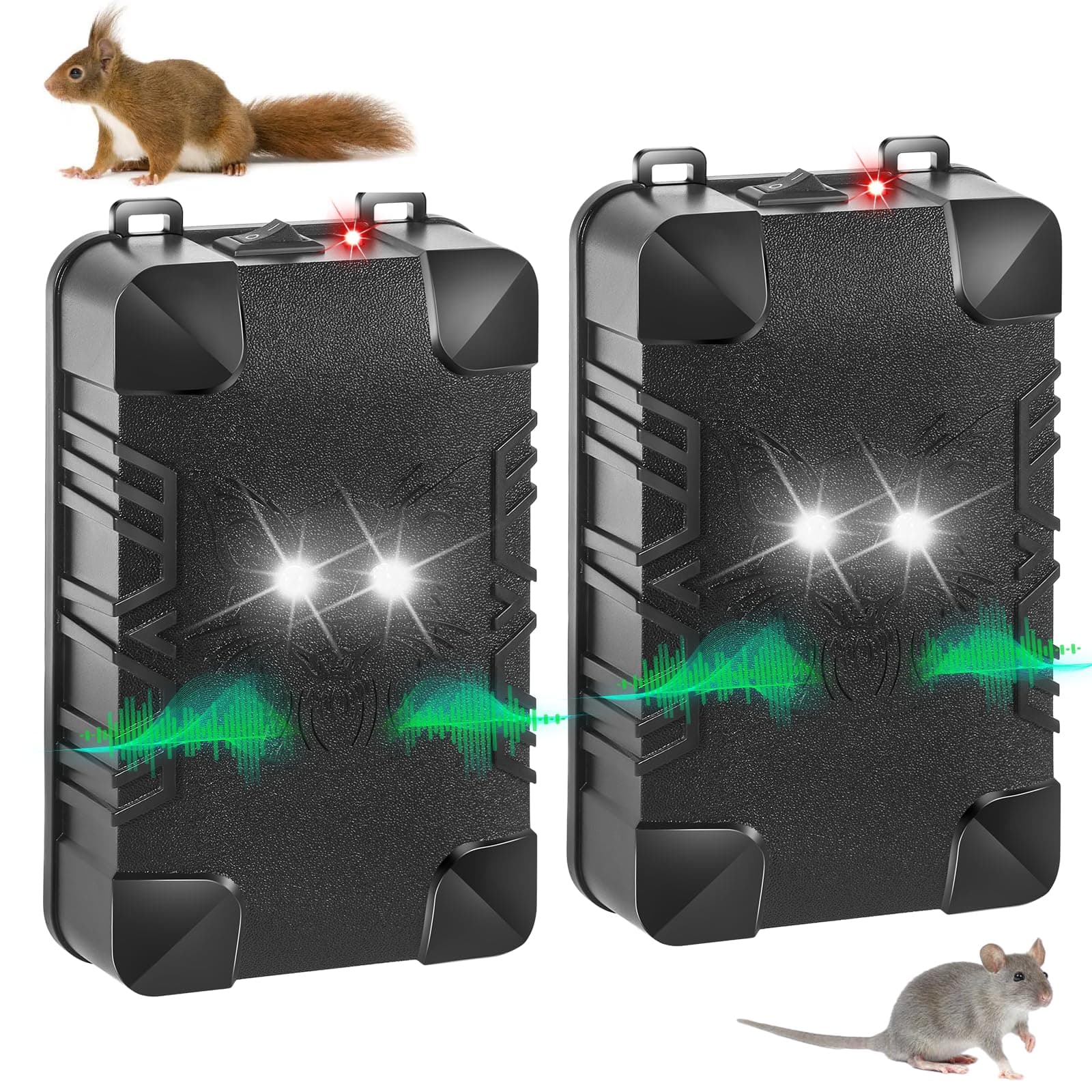 Jahy2Tech 2 Pcs Under Hood Rodent Repeller with Strobe Light & 3 Power Supply Methods, Professional Ultrasonic Mouse Repellent Rat Squirrel Deterrent for 12V Cars Trucks RV Engine Bay Warehouse Attic