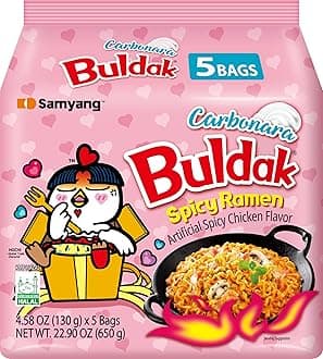 Samyang Buldak Korean Spicy Chicken Stir Fried Ramen Carbonara Flavor Super Hot Spicy Noodles Authentic Ramyun (Pack of 5)
