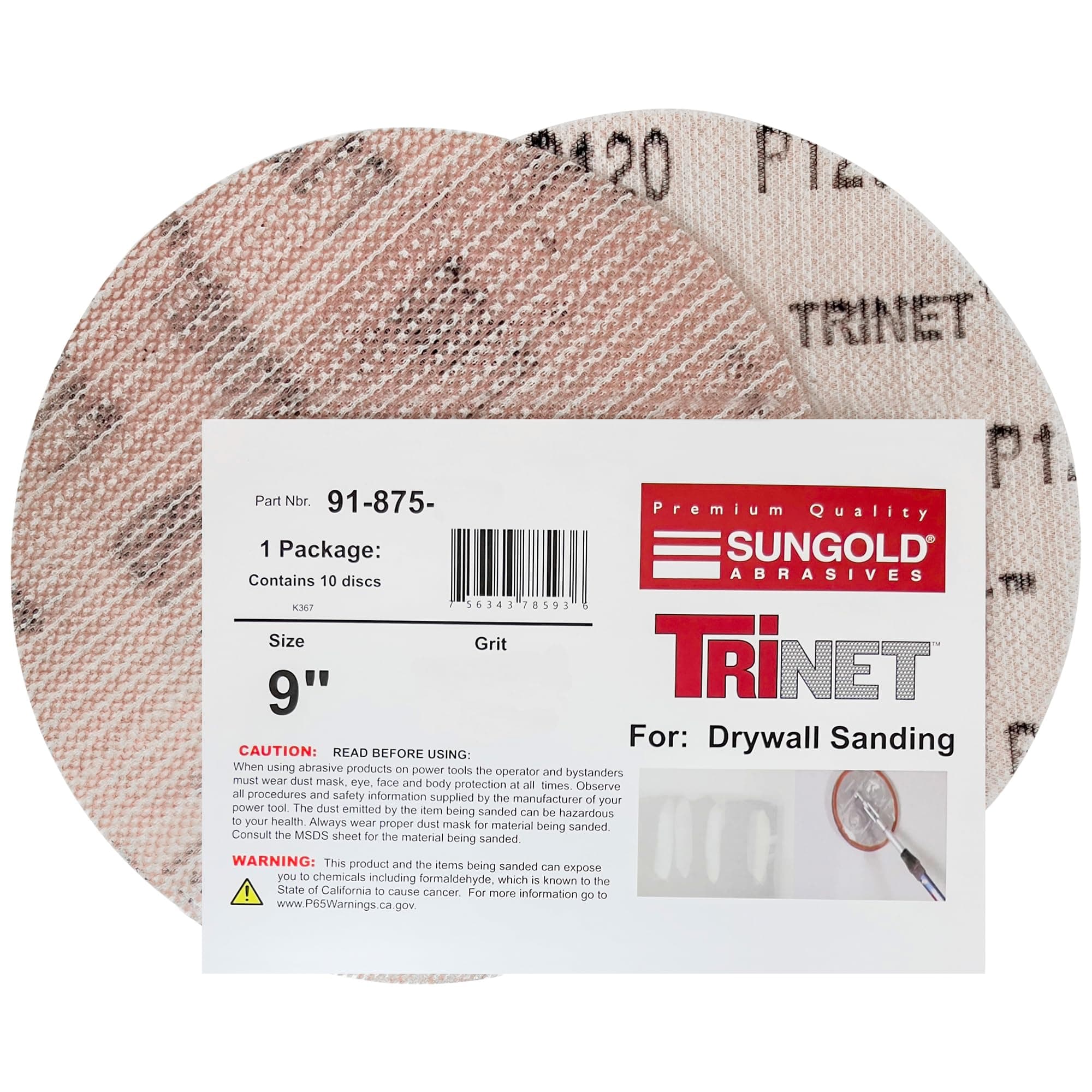 Sungold Abrasives 91-875-060 Trinet Mesh 60 Grit Hook & Loop Stearated Aluminum Oxide Sanding Discs for Drywall Sanders, 10 Pack, 9"