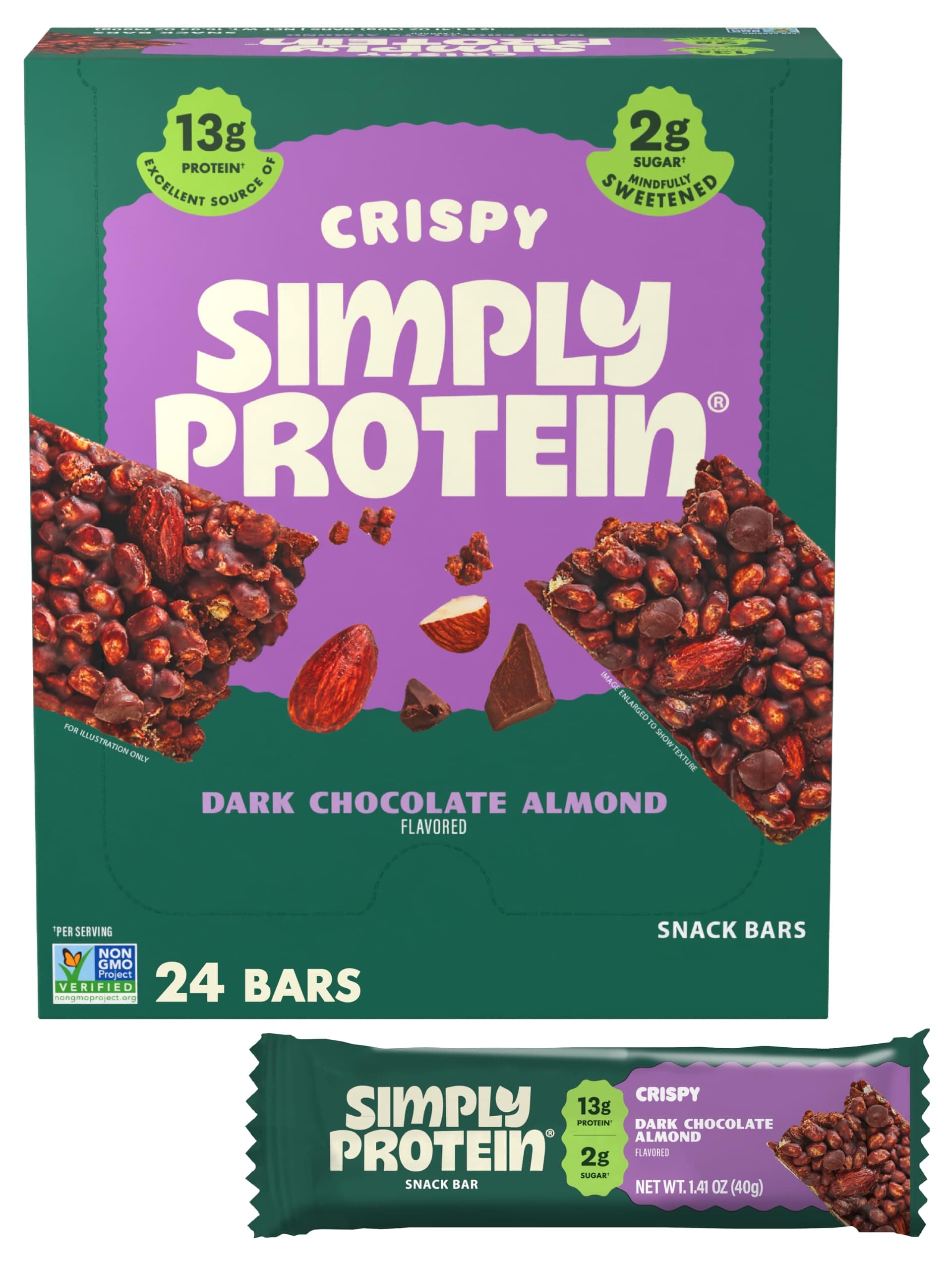 Dark Chocolate Almond Crispy Bars - Plant Based Protein Bars - Low Carb, Low Sugar, High Fiber - 13g Protein, 2g Sugar, 7g Fiber - Vegan, Gluten Free, Non GMO, Kosher - 24 Bars