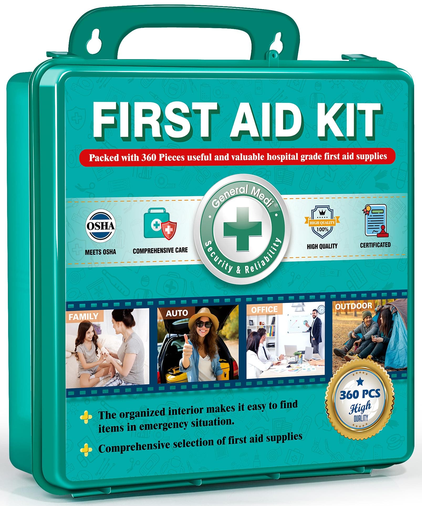 General Medi 360 Pieces Hardcase First Aid Kit - Comprehensive Large First Aid Box Contains Premium Medical Supplies for Travel, Home, Office, Vehicle, Camping, Workplace & Outdoor
