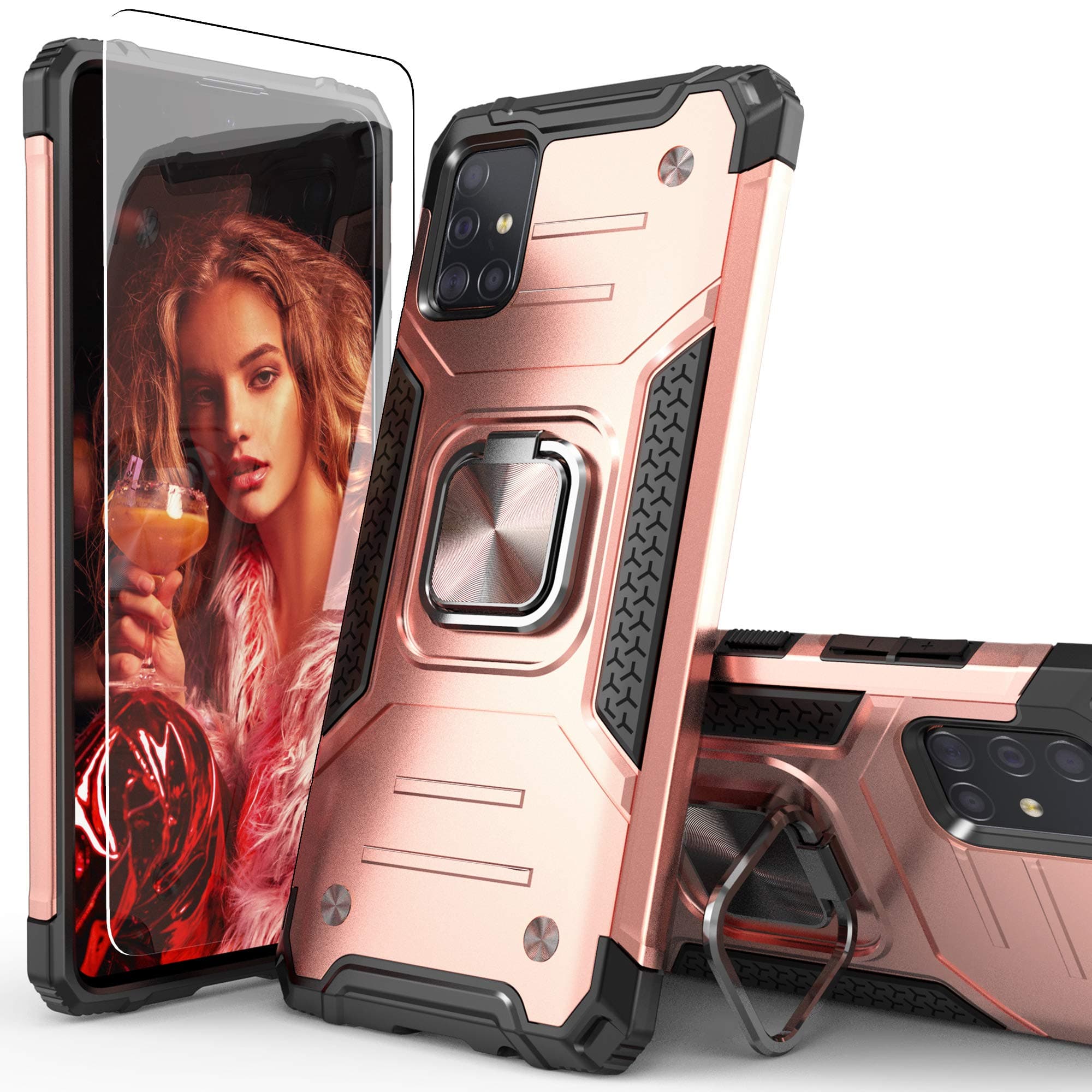 for Galaxy A71 5G Case with Screen Protector,Shockproof Drop Test Slim Fit Case with Car Mount Kickstand Lightweight Protective Cover for Galaxy A71 5G,Rose Gold