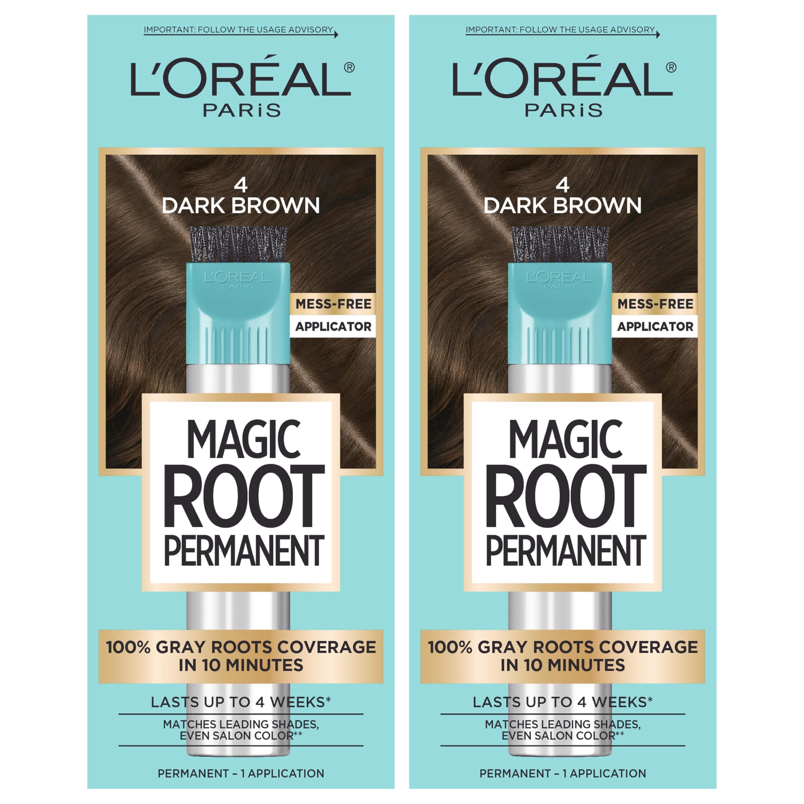 L’Oréal Paris Magic Root Permanent Hair Color, 10 Minute Root Coloring Kit with 100% Gray Hair Coverage, 4 Dark Brown, 2 Count