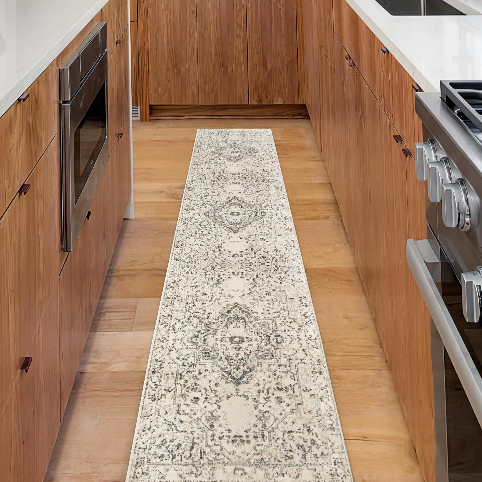 FUNMEArea Rug Retro Rug with Rubber Backing Foldable Machine Washable Non Slip Large Soft Low Pile Floor Carpet Rug for Living Room Dining Room Kitchen High Traffic Area (Neutral Ivory, 2'x8')