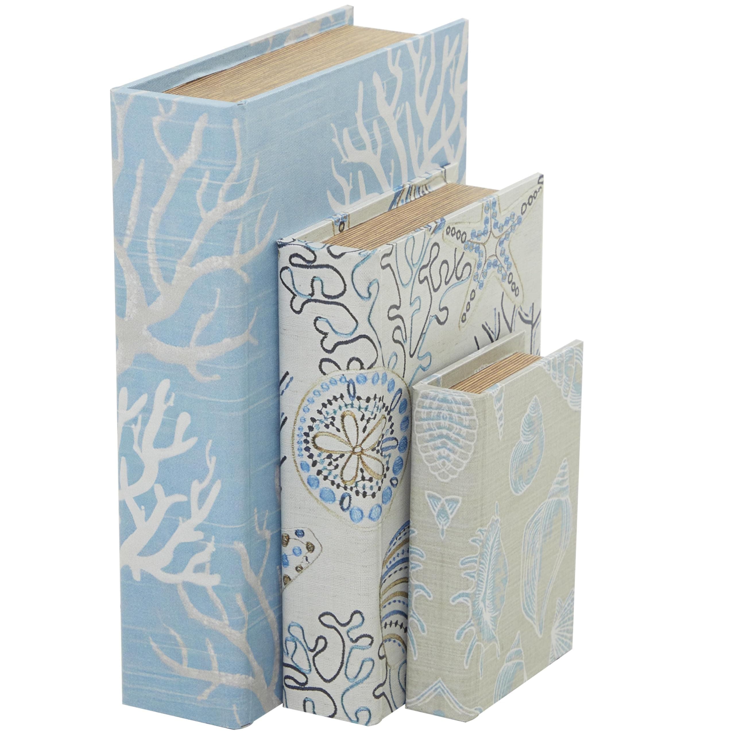 Deco 79 Canvas Faux Book Box with Varying Patterns, Set of 3 12", 9", 6"H, Light Blue