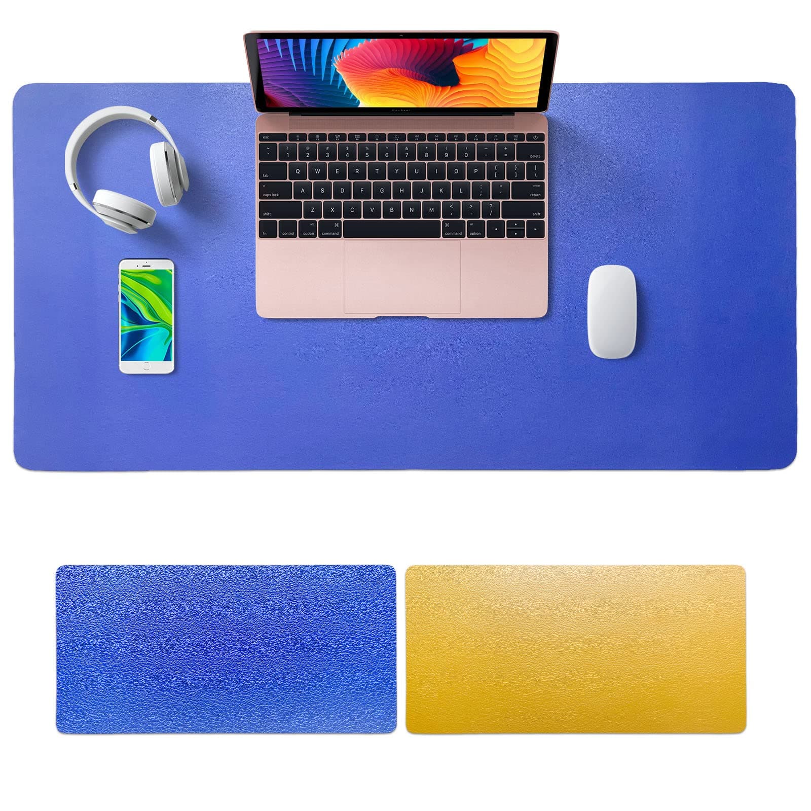 SKY-TOUCH Multifunctional Desk Pad Leather Computer Mouse Pad Office Desk Mat Extended Gaming Mouse Pad, Non-Slip Waterproof Dual-Side Use Desk Mat Protector 80cm x 40cm (Blue/Yellow)