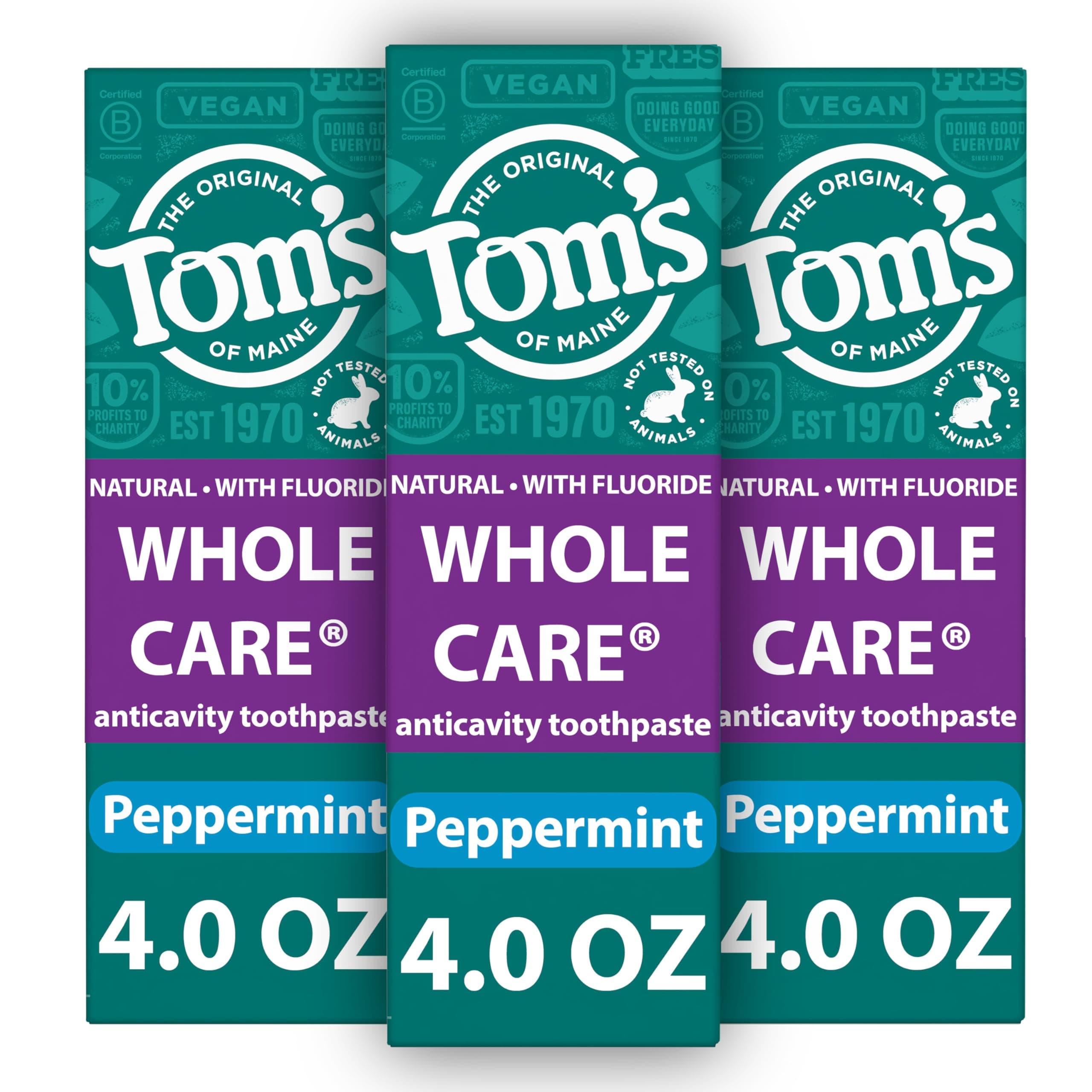 Tom's of Maine Whole Care Natural Toothpaste with Fluoride, Peppermint, 4 oz. 3-Pack (Packaging May Vary)