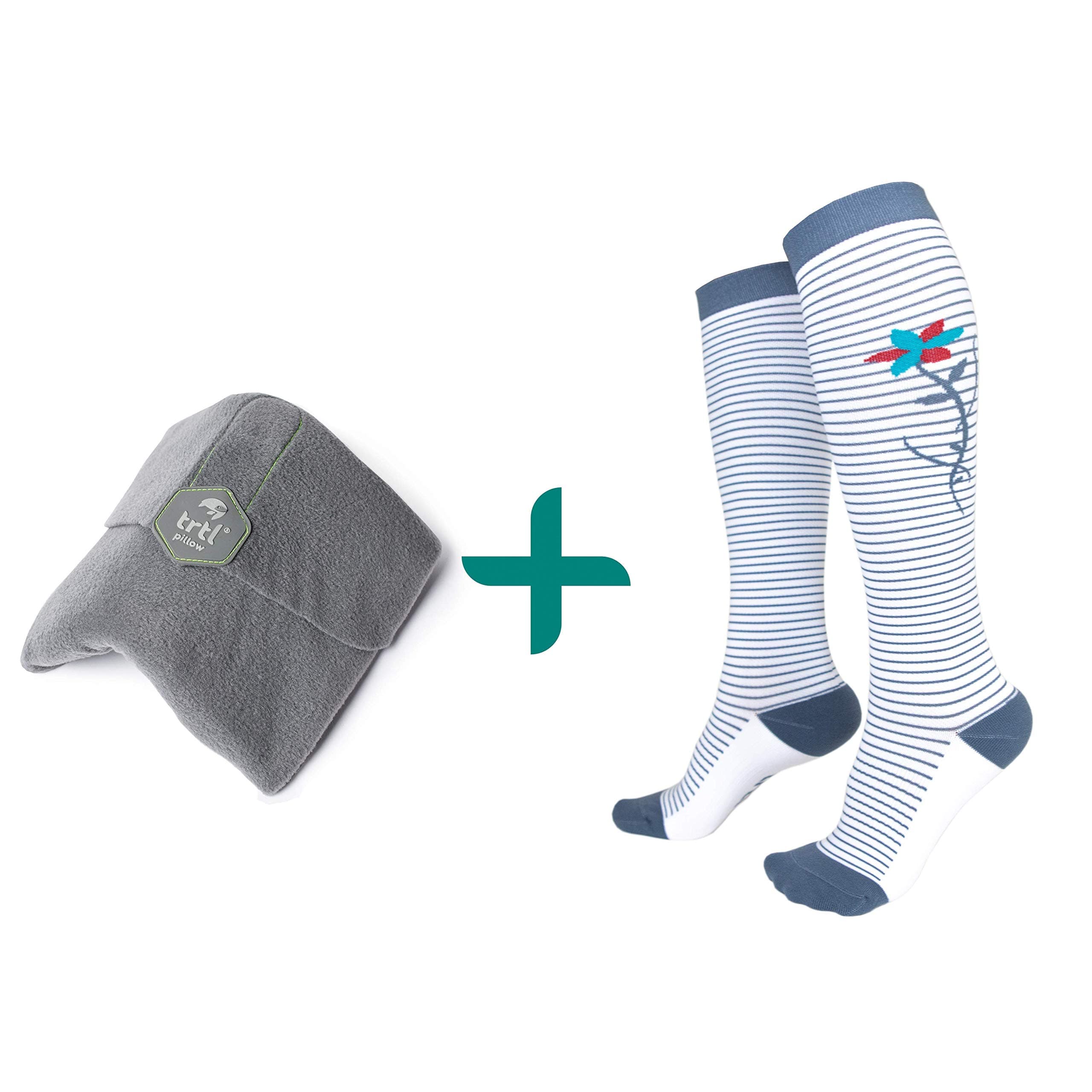 trtl Pillow Socks Bundle - Scientifically Proven Super Soft Neck Support Travel Pillow Compression Socks (Grey Pillow & Kyoto Socks Size Large)