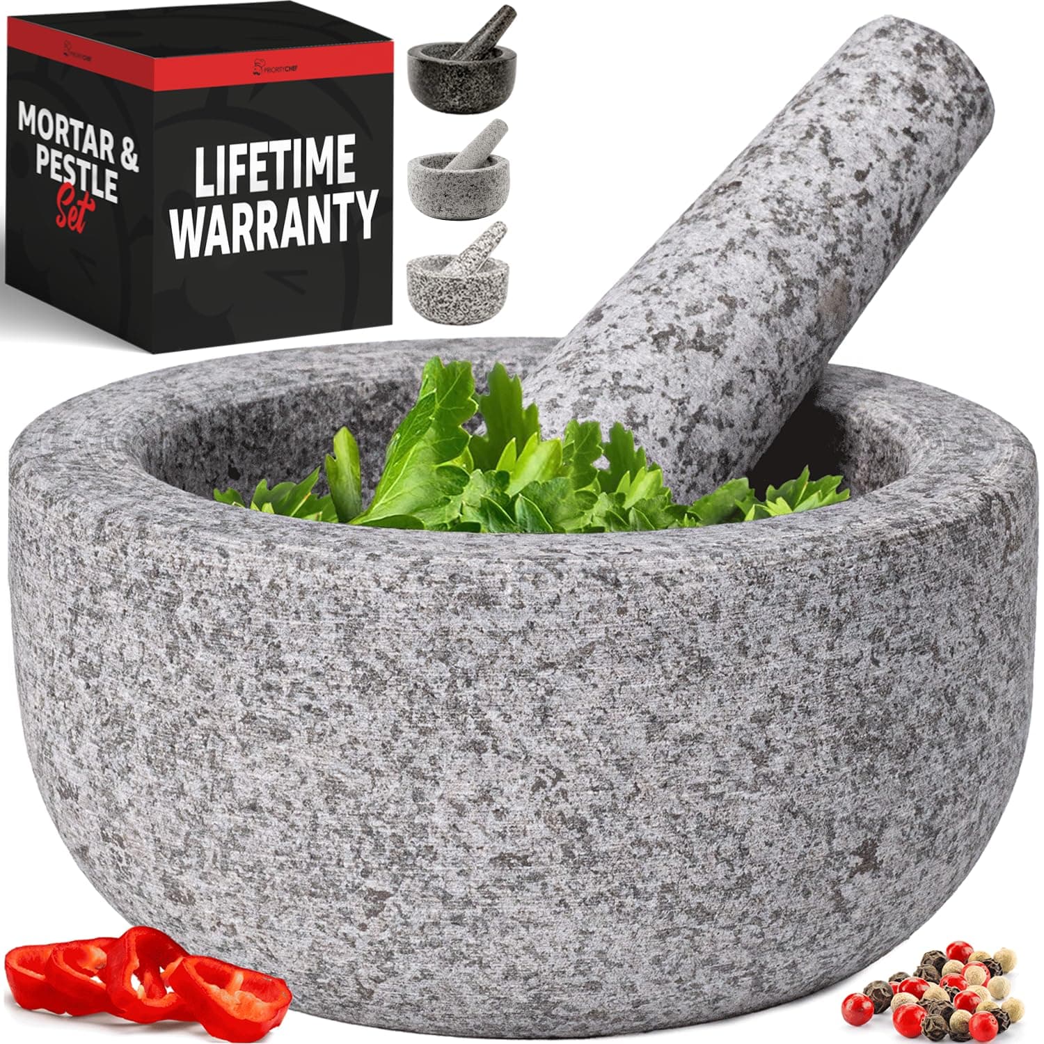 PriorityChef Large Mortar and Pestle Set, 2 Cup Capacity Guacamole Bowl, Unpolished Hand Carved Granite Stone Spice Grinder, Grey