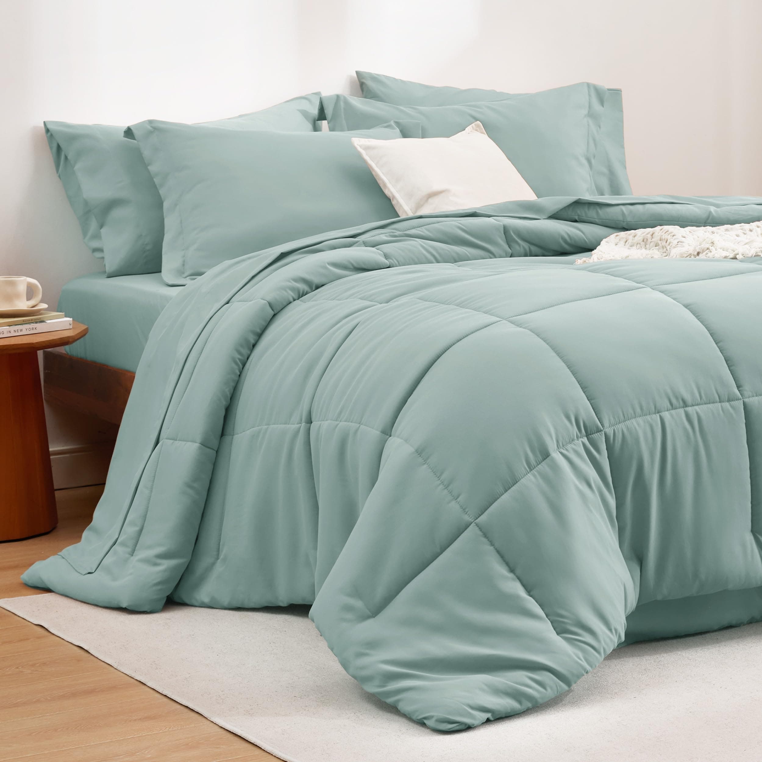 Bedsure Sage Green Comforter Set Queen - 7 Pieces Solid Bed in a Bag, Queen Bed Set with Comforter, Sheets, Pillowcases & Shams