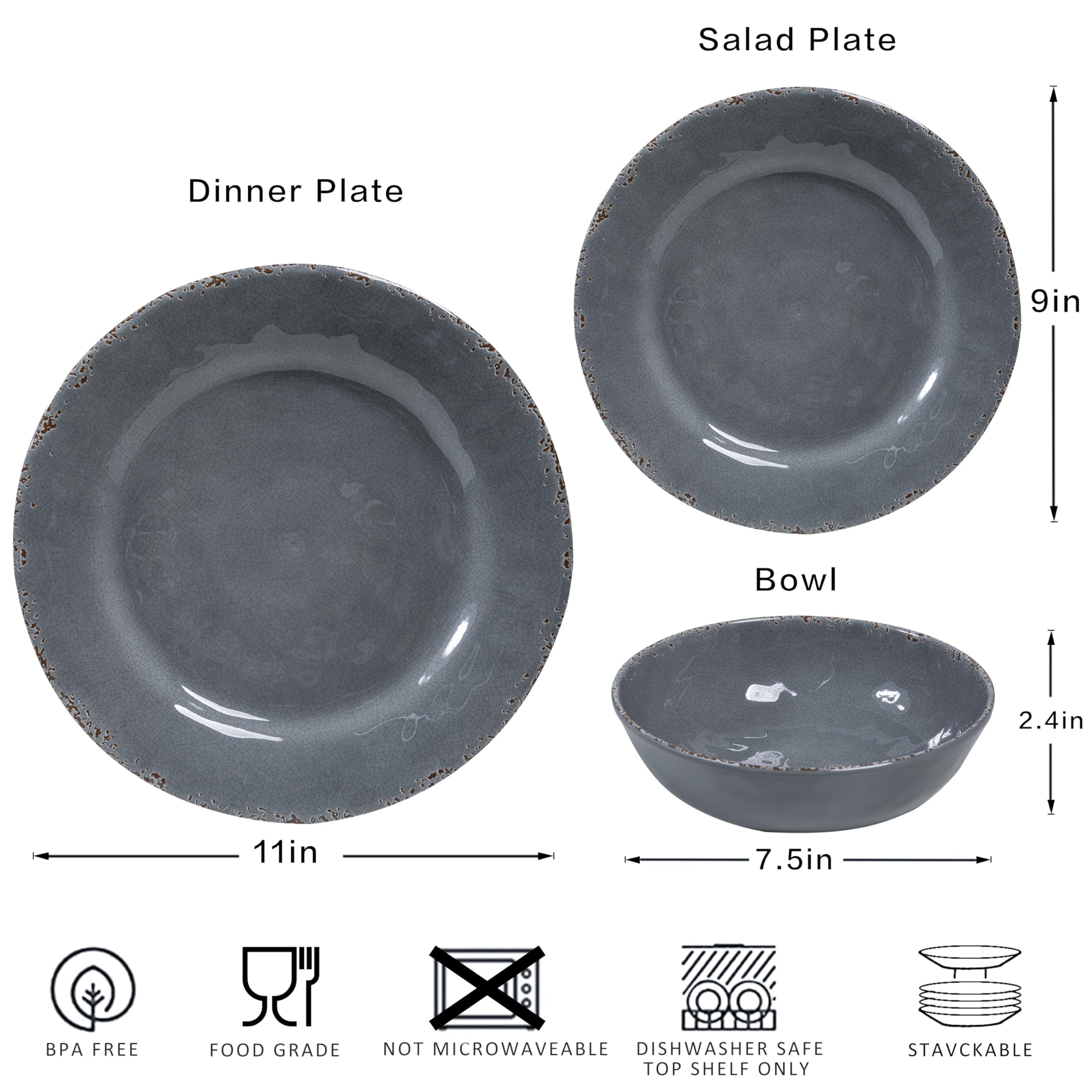 ZAROCRUS 12 Pcs Vintage Melamine Dinnerware Sets, Durable Set Of 4 Plates and Bowls Set, Lightweight Dishes Dinnerware Sets for Indoor and Outdoor Use, BPA Free,Cool Gray