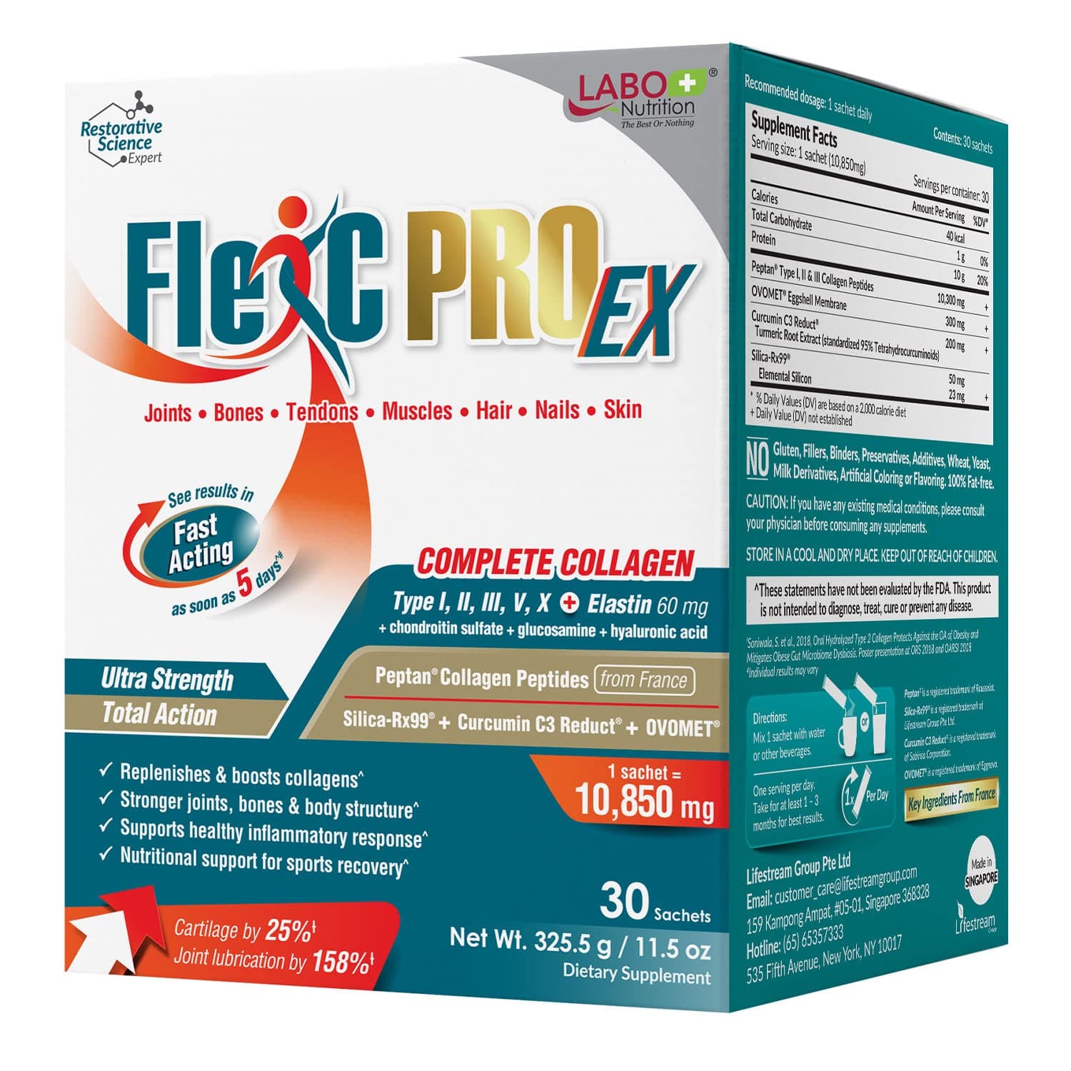 LABO Nutrition FlexC PRO EX, Full Spectrum Collagen, Type I, III, V & X, Peptan Collagen, Eggshell Membrane, Water Soluble Silica & Curcumin C3 Reduct, for Hair, Skin, Nails, Joint, Bones, Muscles
