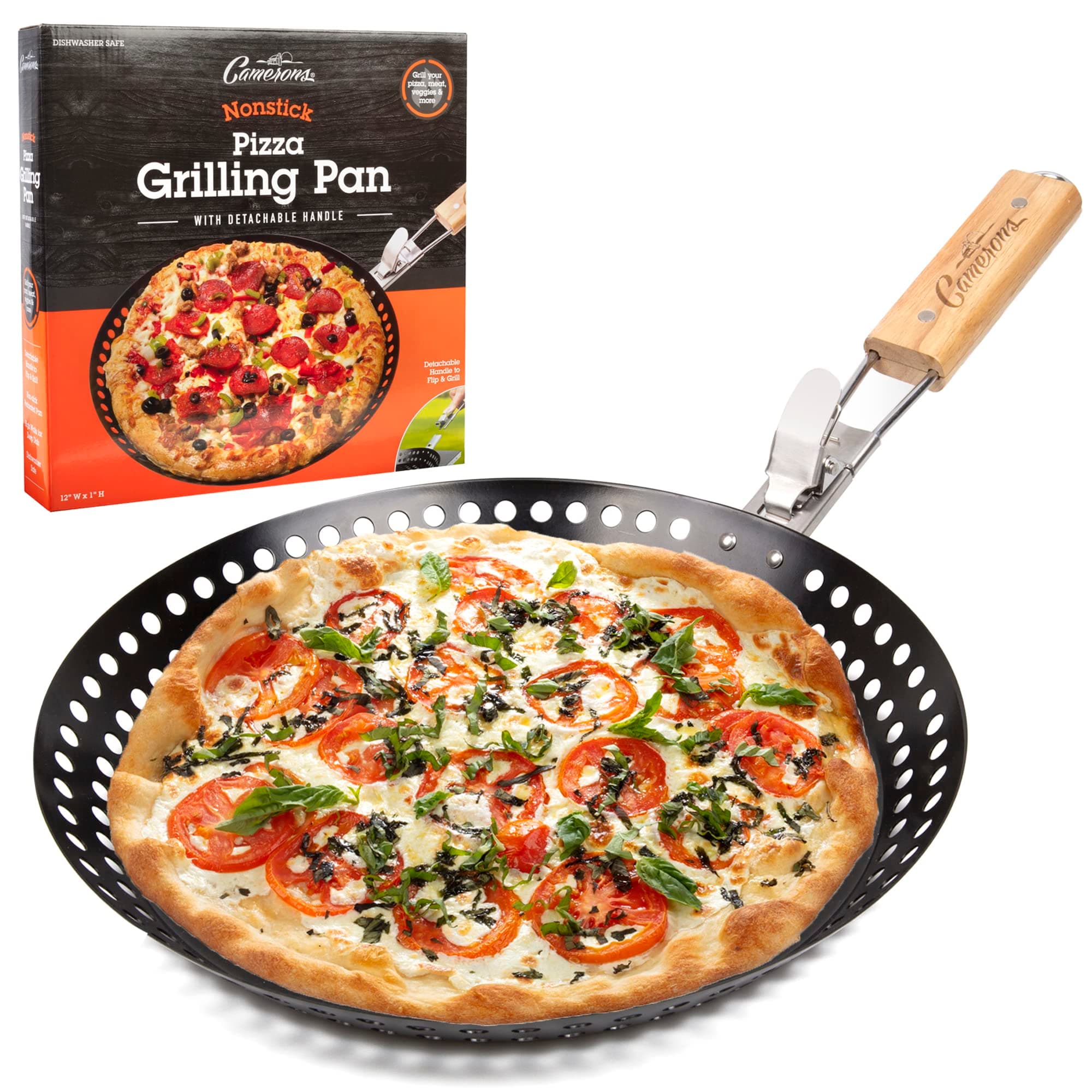 Pizza Grilling Pan (12") - Non-Stick Pan w Removable Handle to Easily Close Grill & Transport Hot Dish - High Walls to Deep Dish - Use in Indoor Oven & Outdoor BBQ Grill - Grilling & Cookout Essential