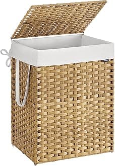 SONGMICS Laundry Basket, 110 L Synthetic Rattan Storage Basket with Lid and Handles, Wicker, Foldable, Removable Liners, for Blankets, Clothes, Living Room, Laundry Room, Natural Colour LCB152Y01