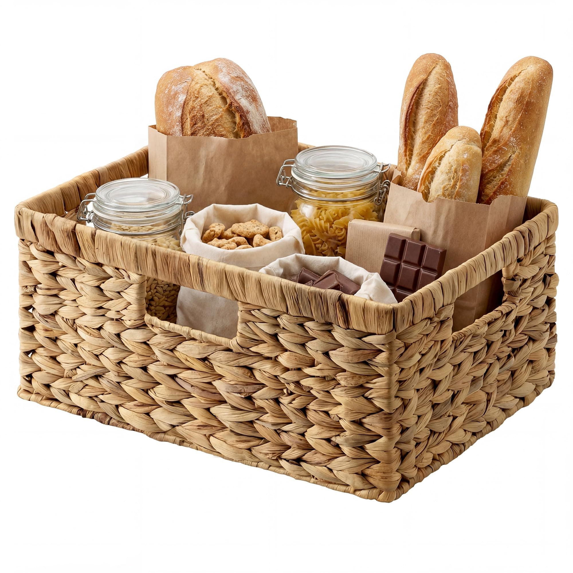 StorageWorks Large Rectangular Wicker Basket, Water Hyacinth Storage Basket with Built-in Handles, 1 Pack