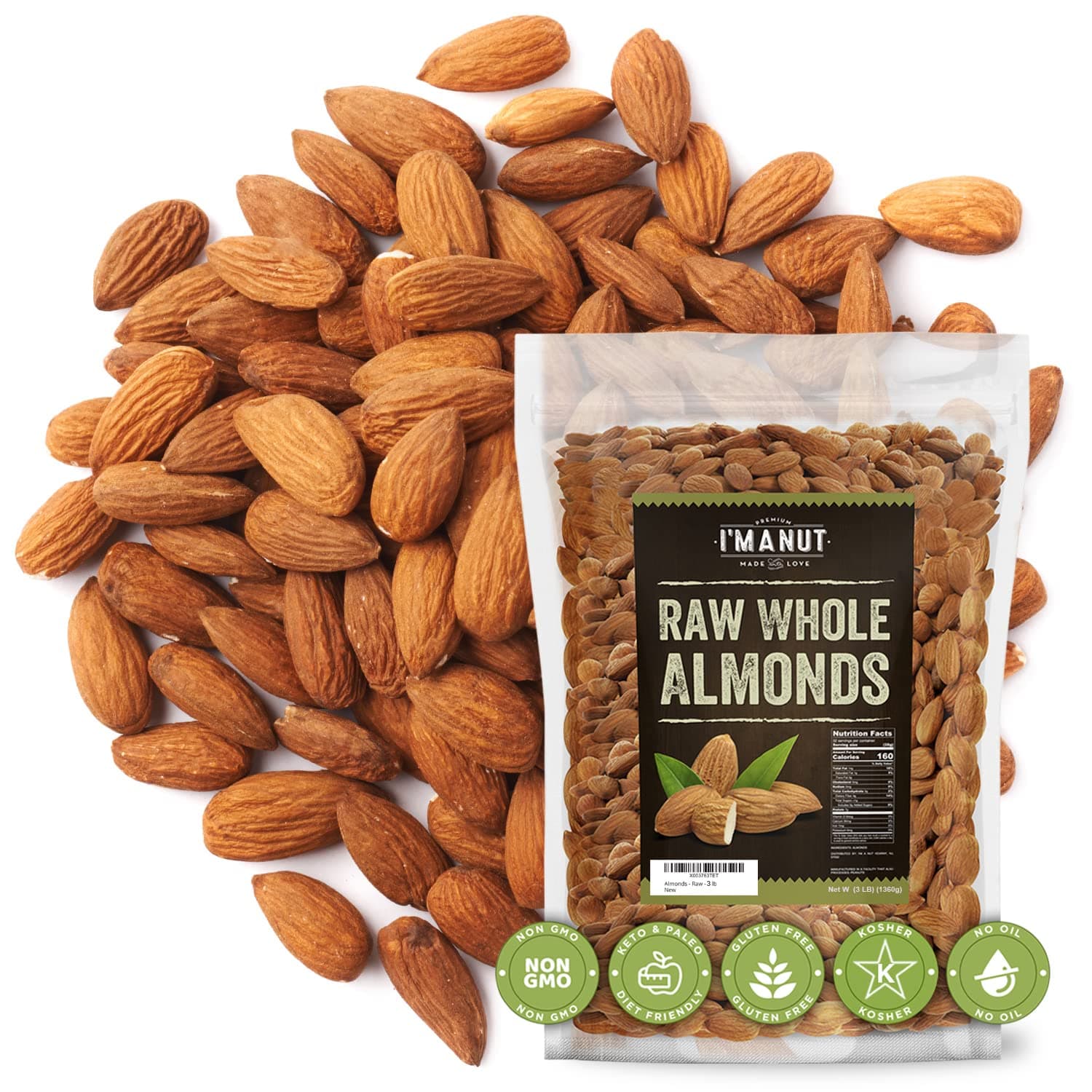 Raw California Almonds 48 oz (3 lbs) | Natural | Whole | Batch Tested Gluten & Peanut Free | No PPO | Non-GMO | No Herbicide | Healthy Protein boost | Premium Quality | for Snacking, Baking, Cooking