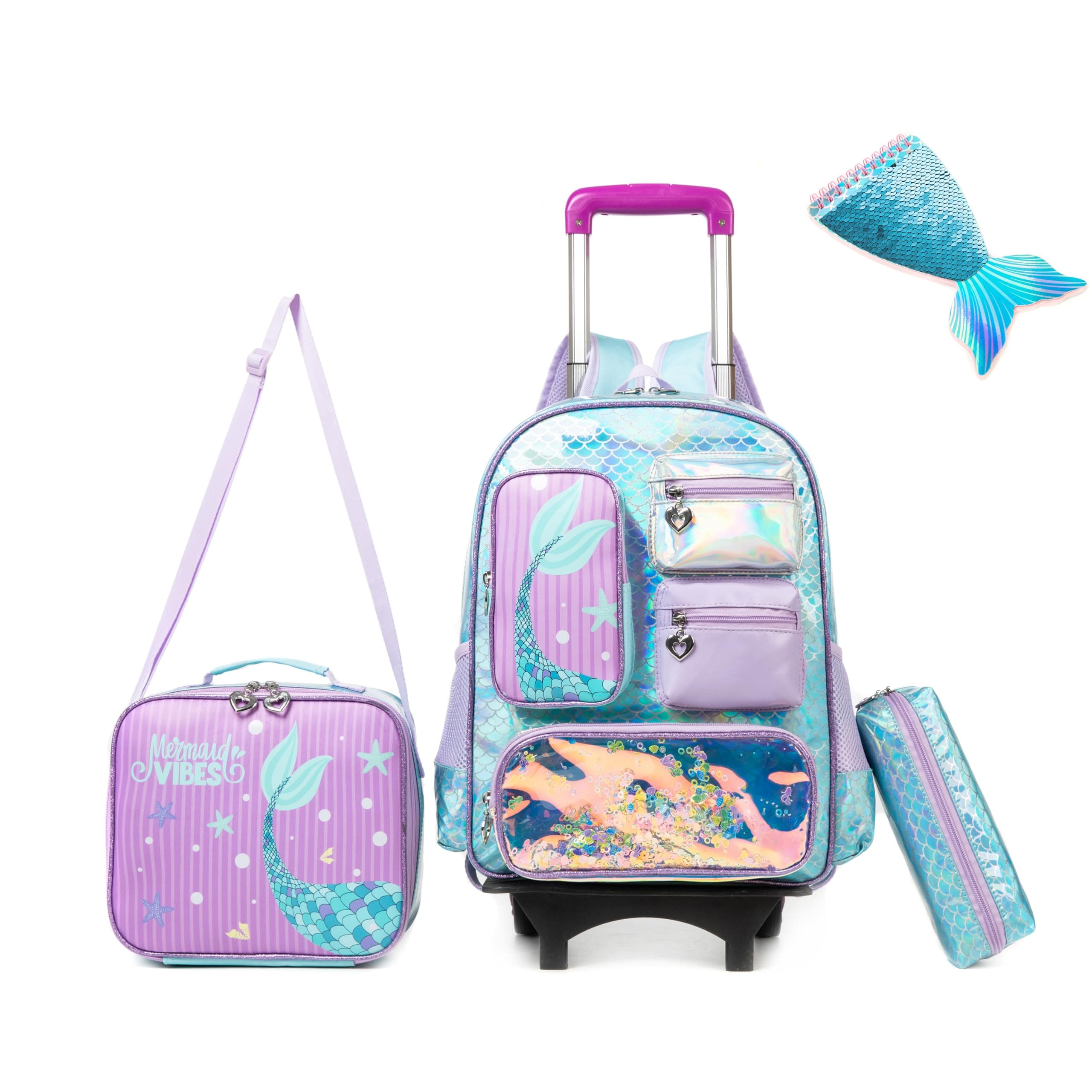 Oruiji Rolling Backpack for Girls with Wheels Kids Rolling Backpack with Lunch Bag Cute Lightweight Mermaid Backpack