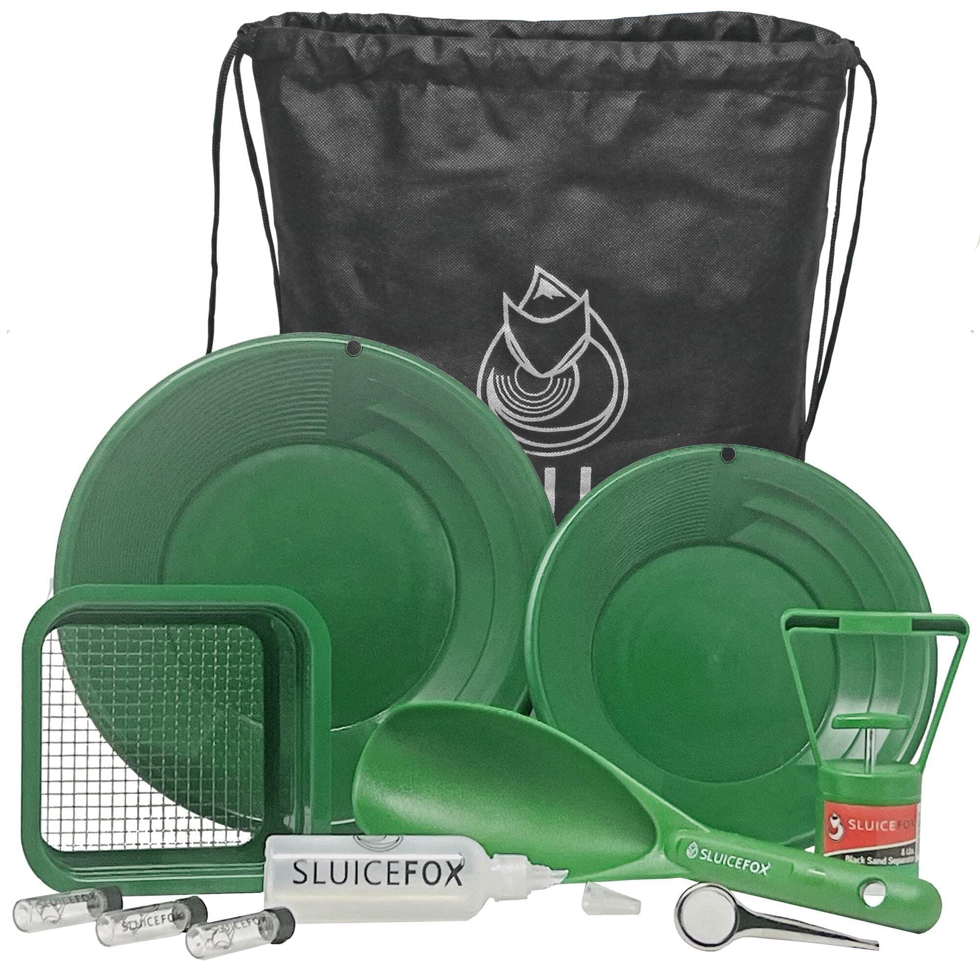 Sluice Fox Backpack Gold Prospecting kit with Classifier: Two Spiral Gold Pans, Plastic Shovel or Pay Dirt Scoop and Black Sand Separator Magnet Green