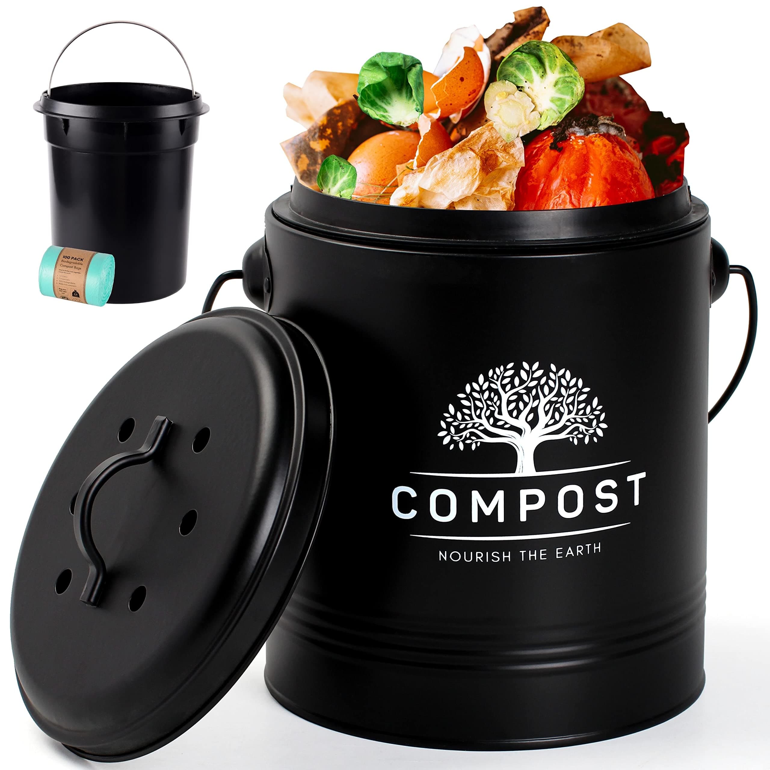 Perfnique Kitchen Compost Bin, 1.3 Gallon Countertop Compost Bin with Lid, Indoor Compost Bucket Includes Inner Bucket Liner and Carbon Filter, Small Compost Bin with Trash Bags (with Bags, Black)