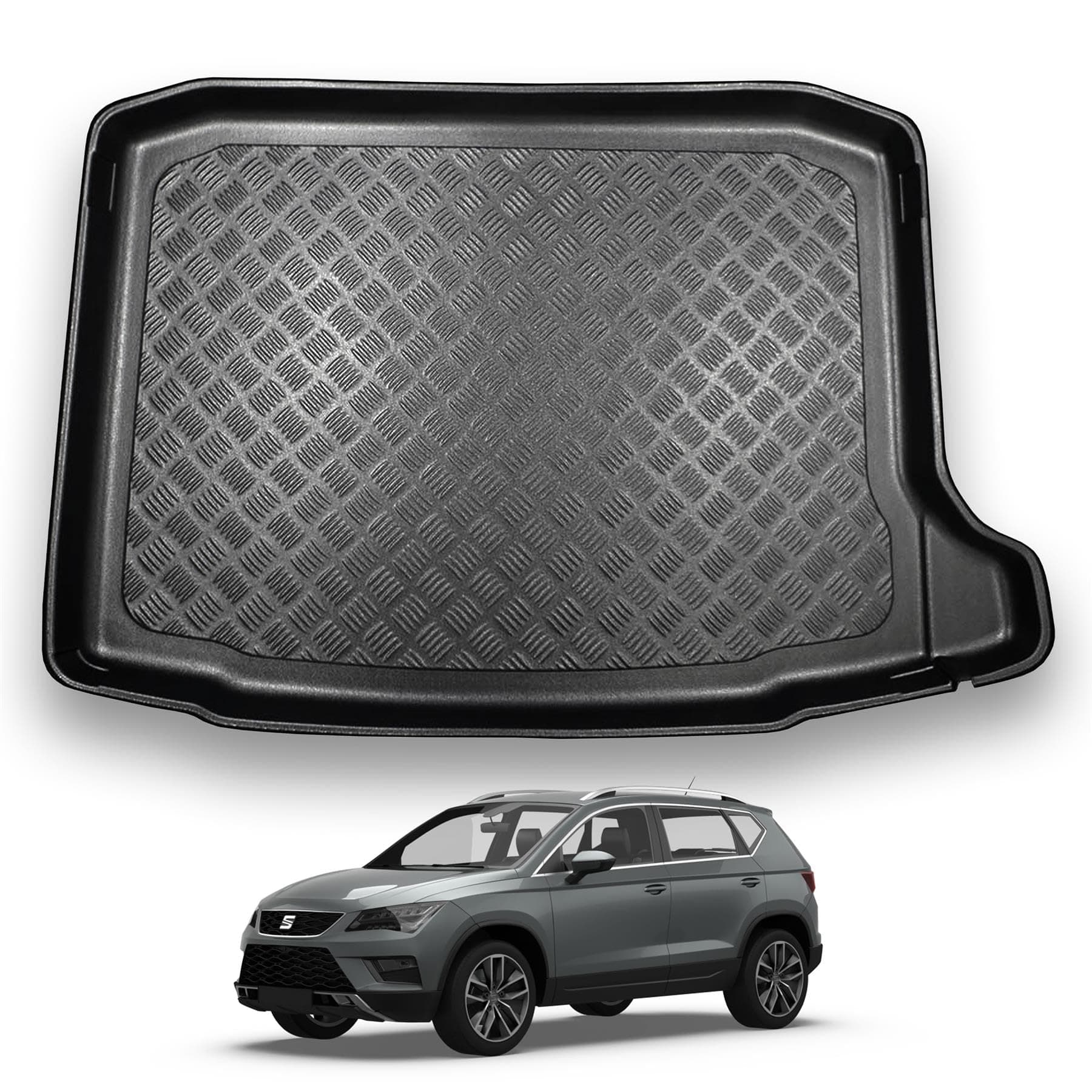 NOMAD Seat Ateca (2016+) Boot Liner [Non-Adjustable Boot Floor] Tailored Fit Car Floor Mat Protector Non Slip Waterproof Raised Edges Compatible Custom Fit Accessory Black Dog & Pet Friendly