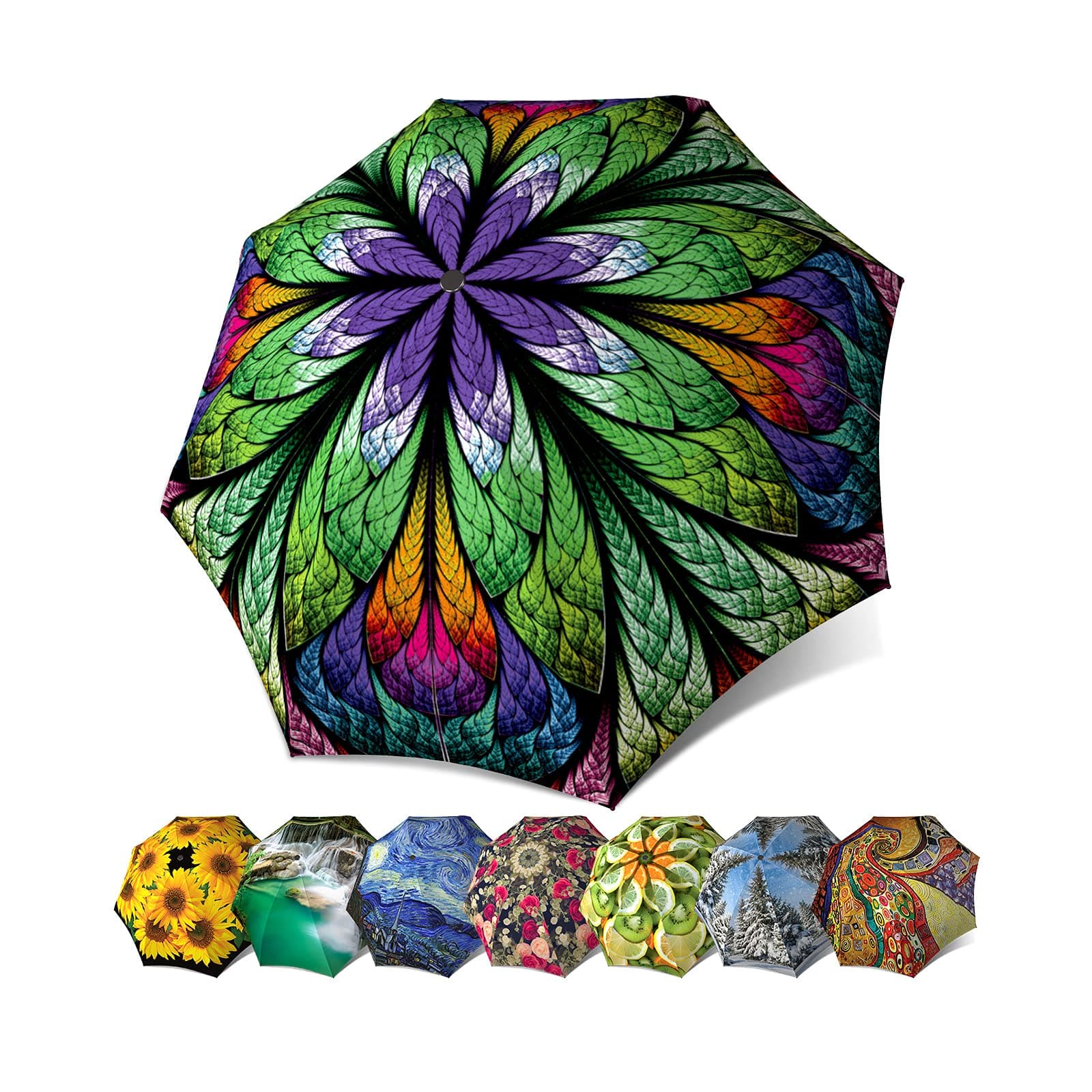 Designer Compact Automatic Folding Umbrella - Peacock Feathers Stained Glass Art Umbrella - Stylish Fashion Gift, 46 inch Canopy