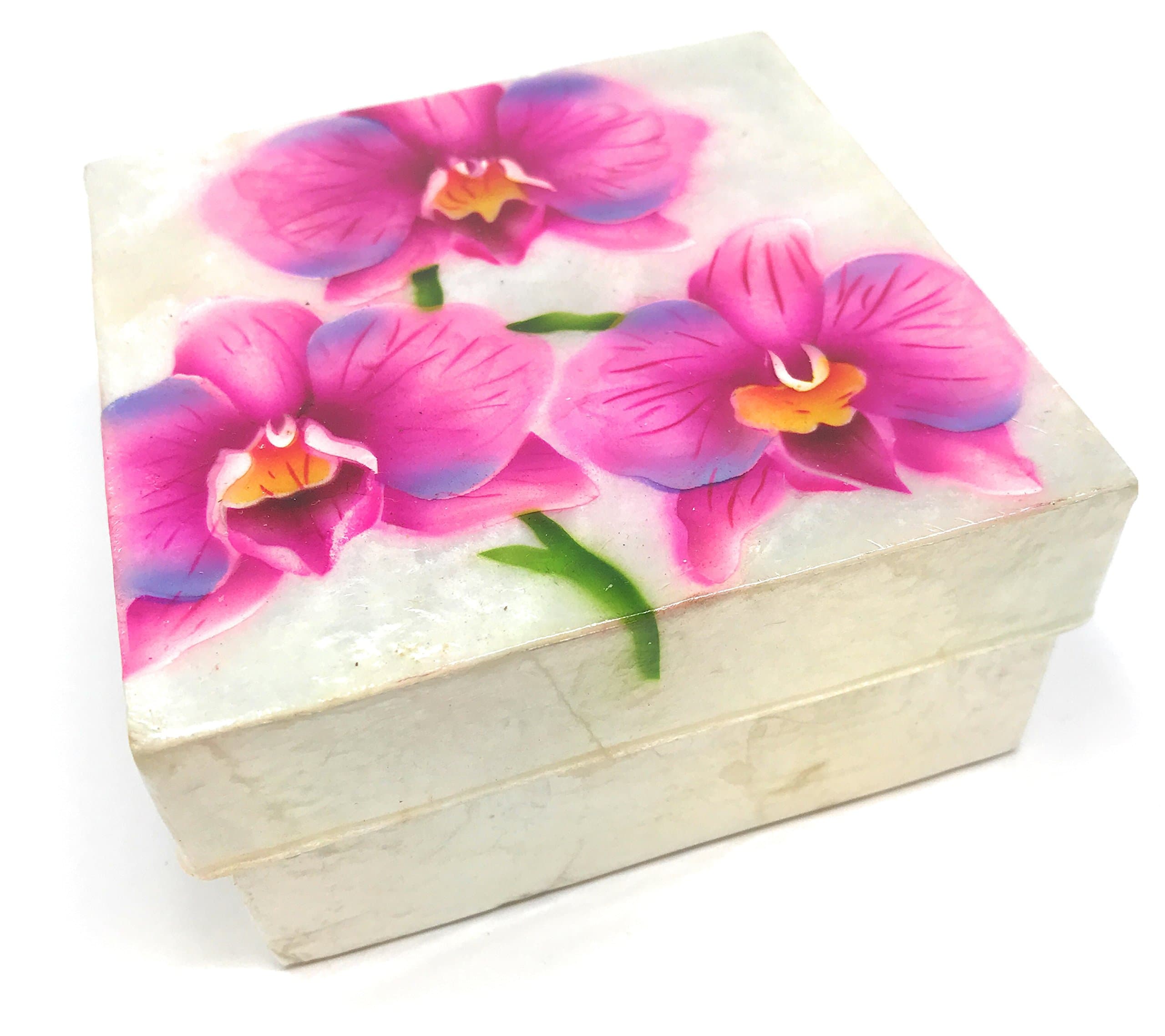 Kubla Craft Pink Orchids Capiz Shell Keepsake Box, 4 Inches Square